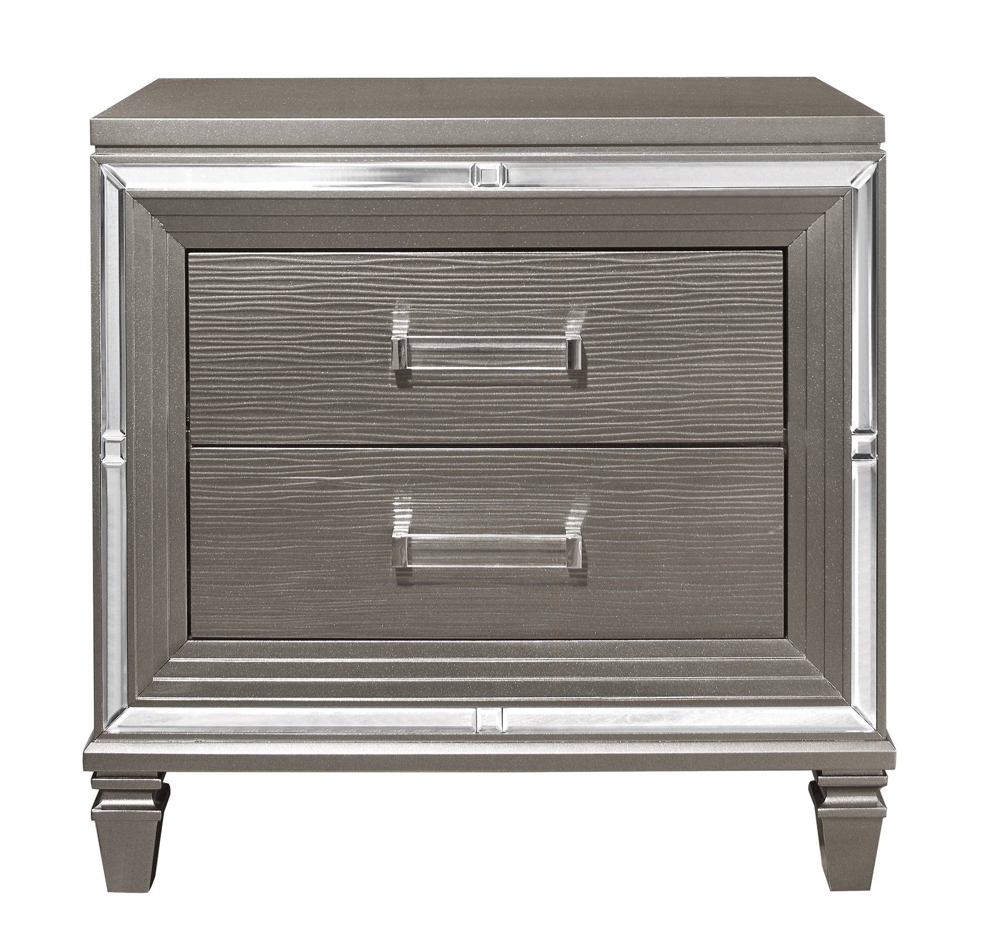 Elegant Style Silver Gray Metallic Finish Nightstand Beveled Mirror Trim Dovetail Drawers Wooden Furniture Gray 2 Drawers Bedroom Glam,Modern Wood