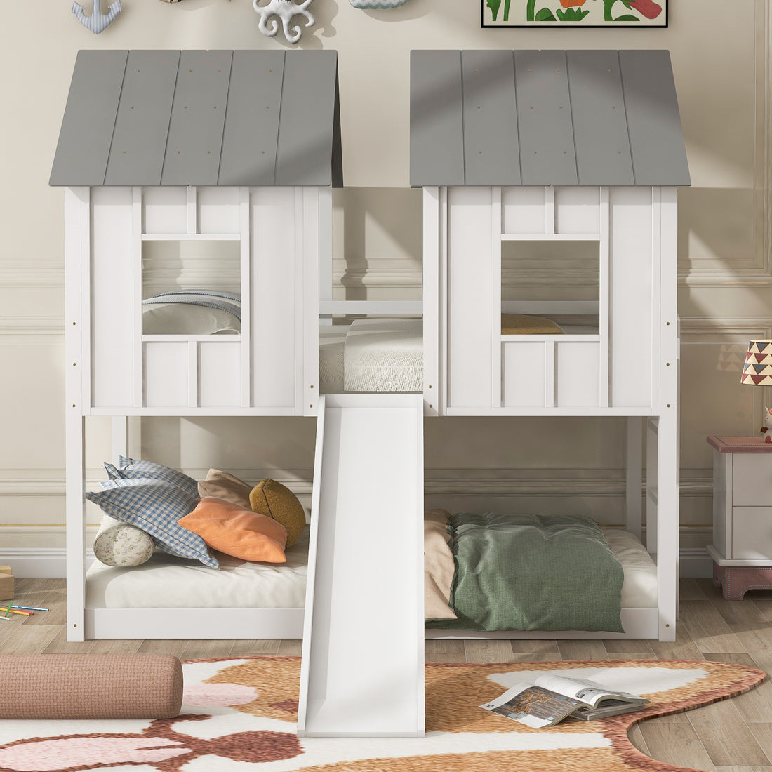 Twin Over Twin House Bunk Bed With Slide And Windows,White White Pine