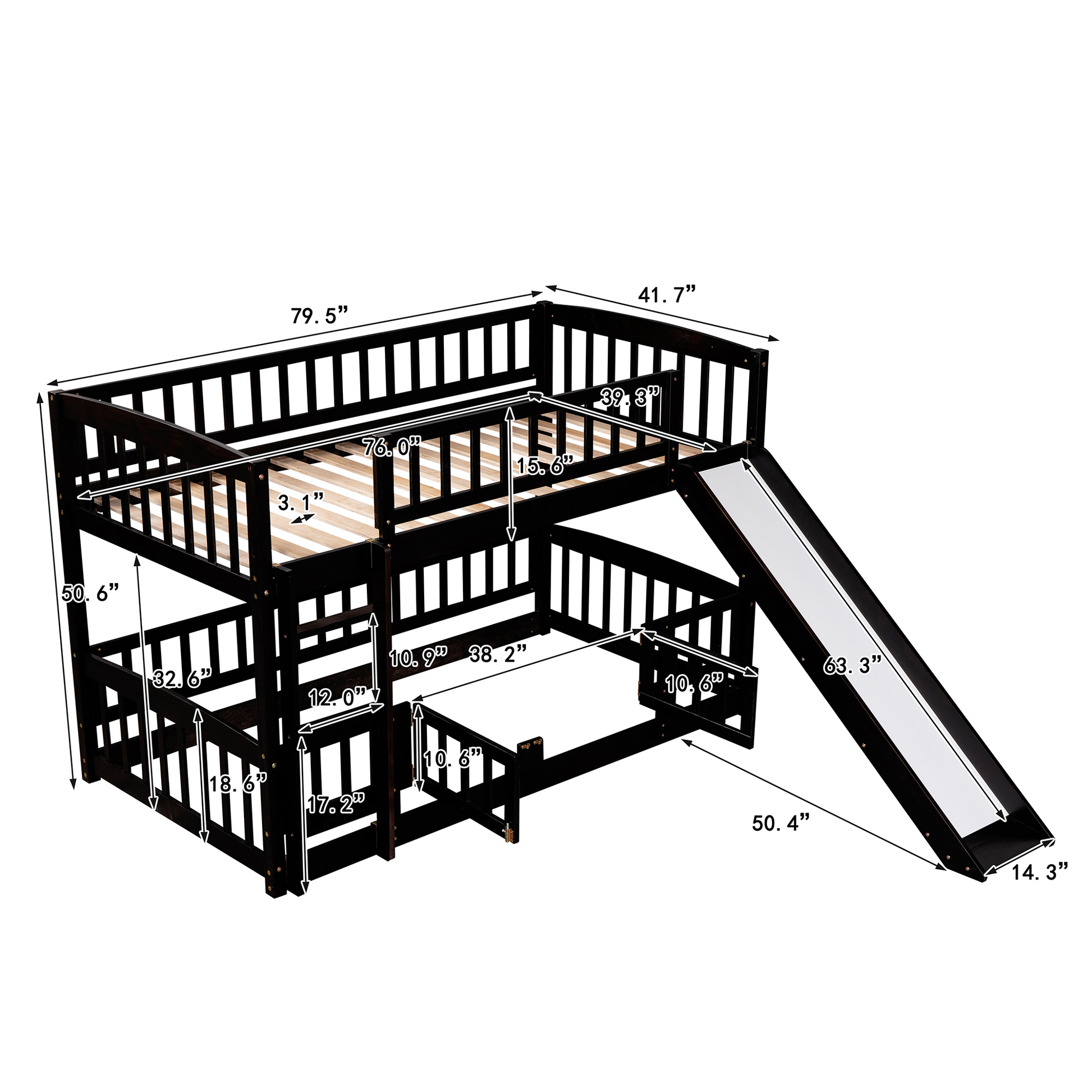 Bunk Bed with Slide,Twin Over Twin Low Bunk Bed with espresso-solid wood