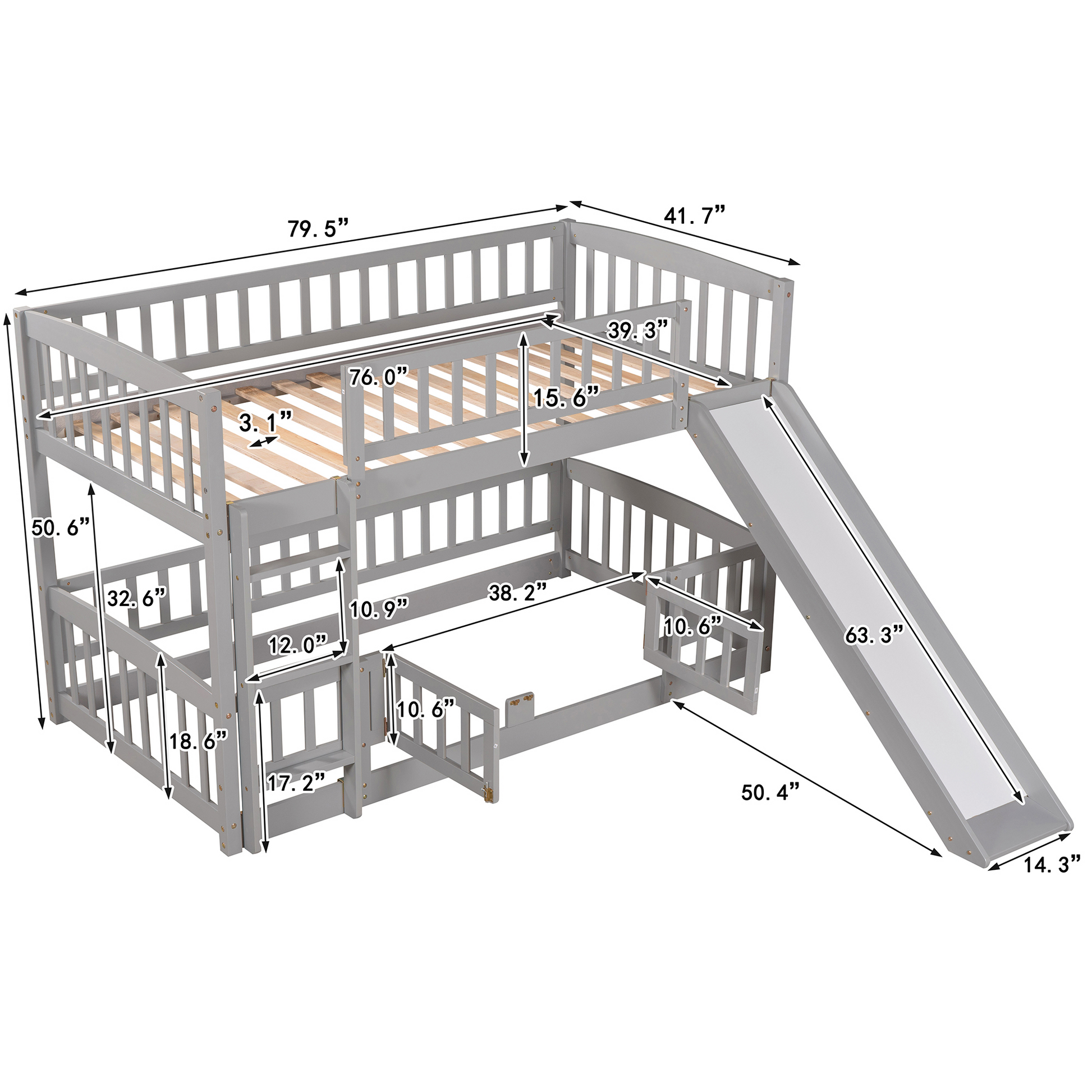 Bunk Bed with Slide,Twin Over Twin Low Bunk Bed with grey-solid wood