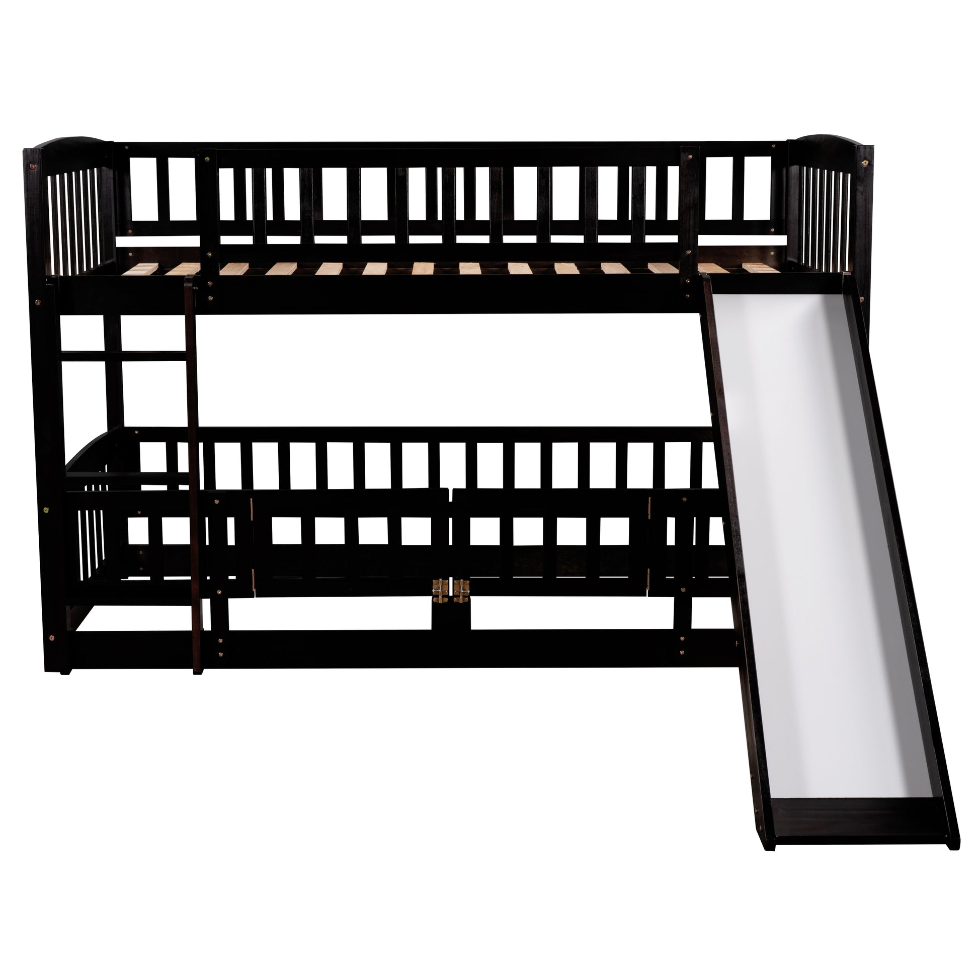 Bunk Bed with Slide,Twin Over Twin Low Bunk Bed with espresso-solid wood