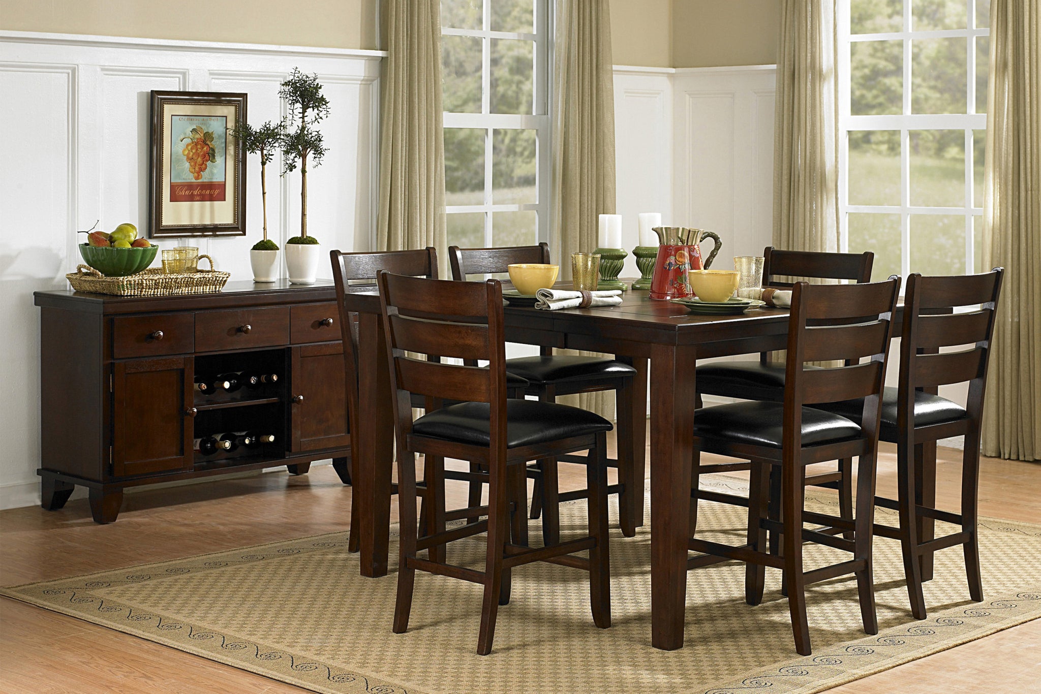Contemporary Dining 7pc Set Counter Height Table w wood-wood-oak-ladder back-seats 6-wood-dining
