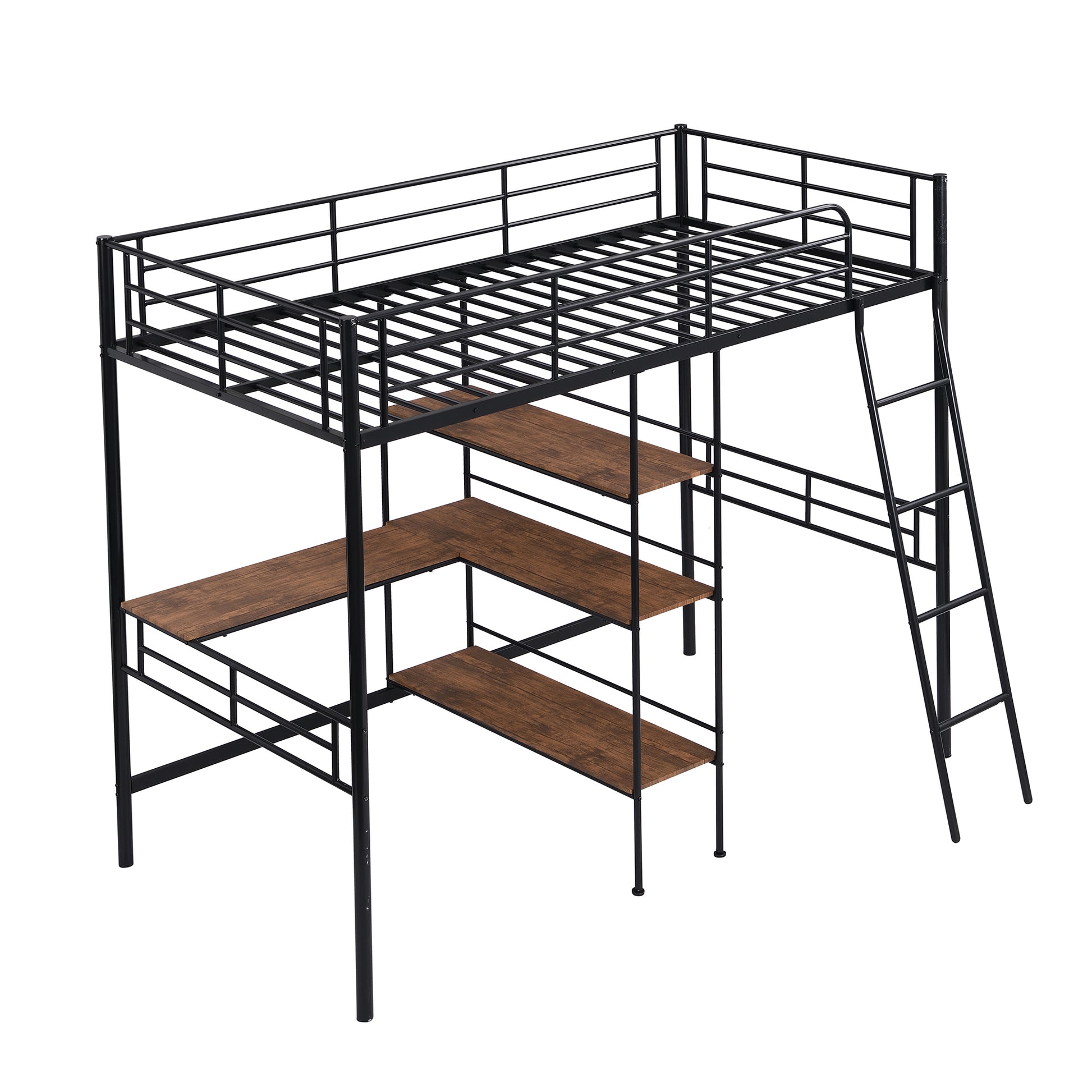 Twin Size Metal Loft Bed And Built In Desk And Shelves,Black Old Dku:Wf280270Aab Twin Black Metal