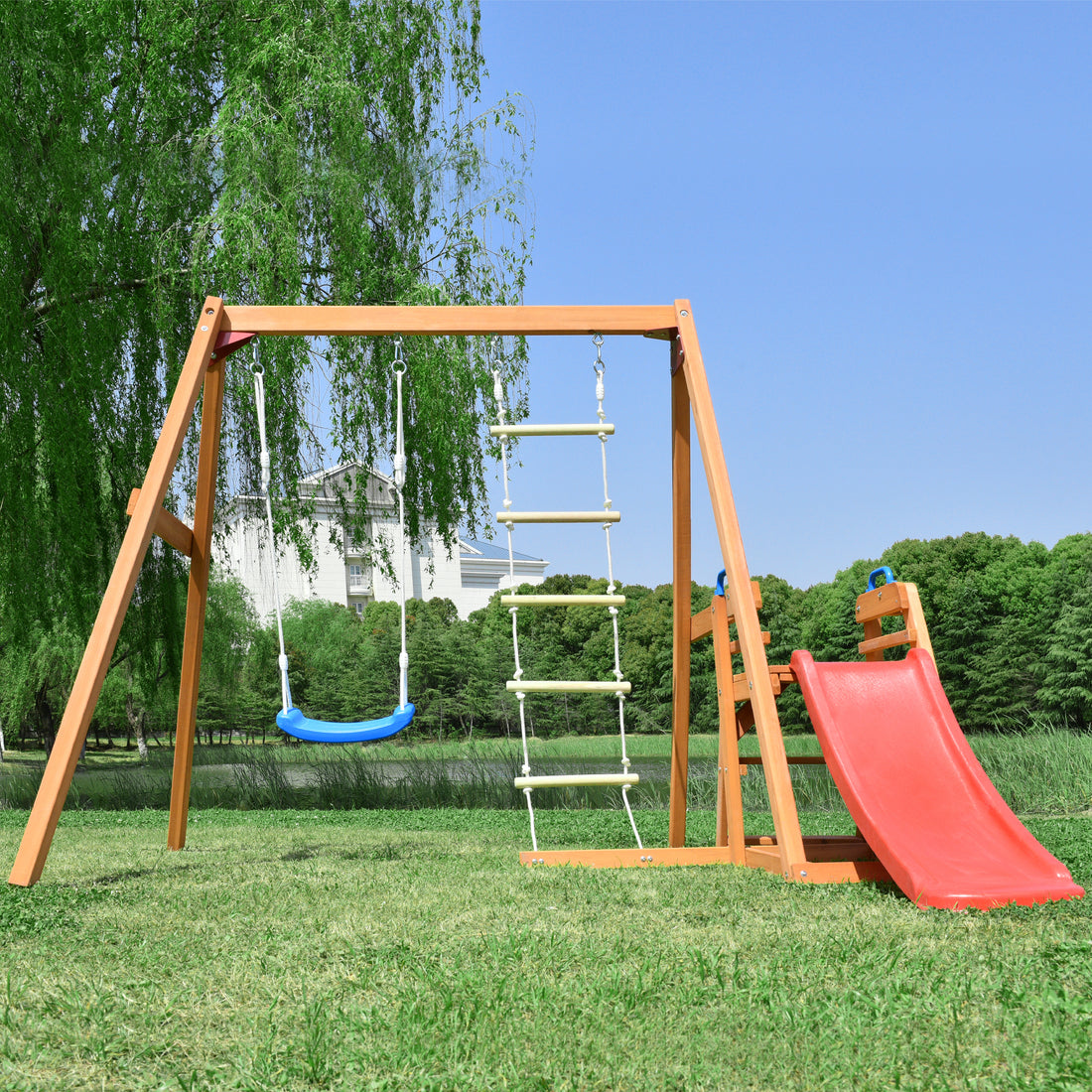 Wooden Swing Set With Slide, Outdoor Playset Backyard Activity Playground Climb Swing Outdoor Play Structure For Toddlers, Ready To Assemble Wooden Swing N Slide Set Kids Climbers Natural Solid Wood