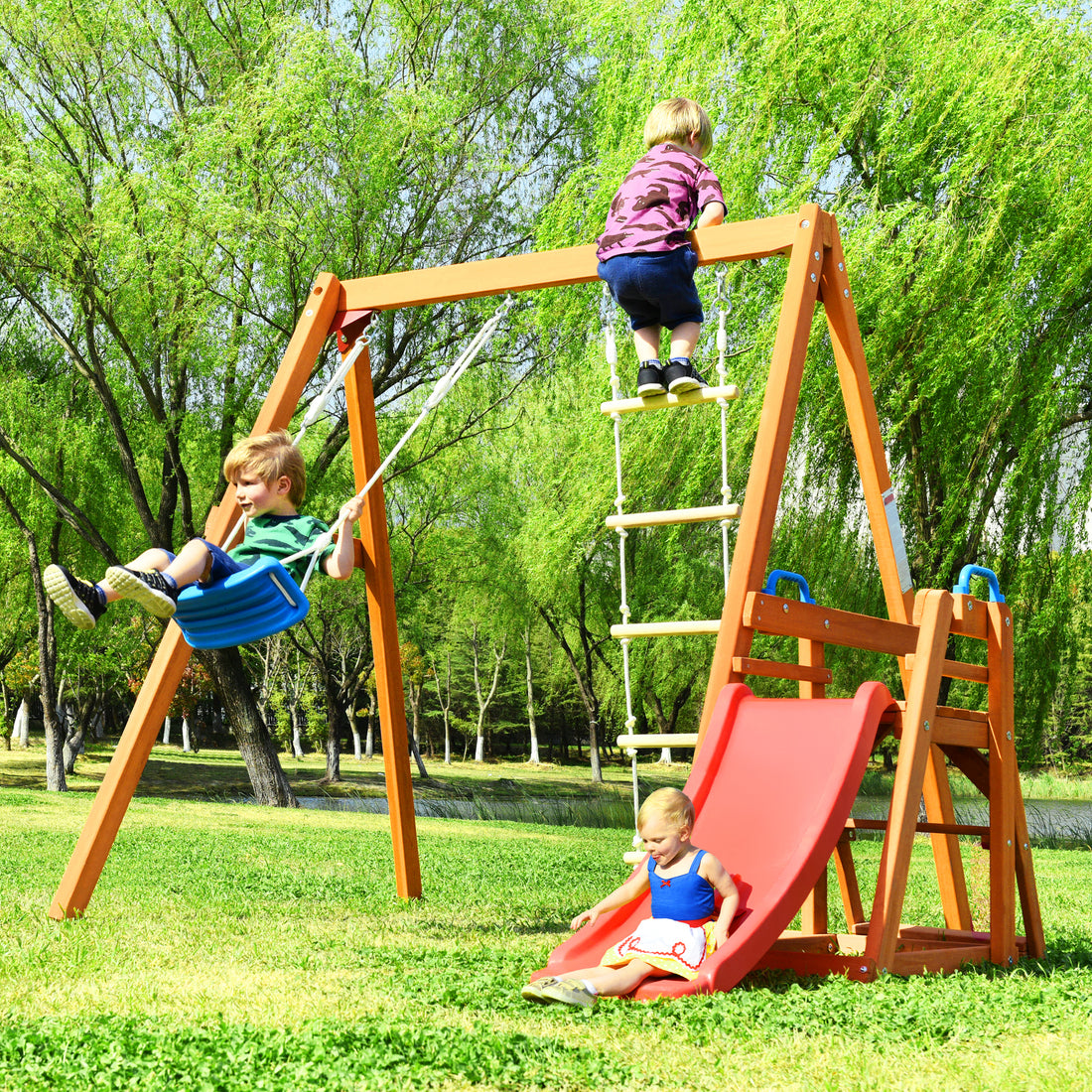 Wooden Swing Set With Slide, Outdoor Playset Backyard Activity Playground Climb Swing Outdoor Play Structure For Toddlers, Ready To Assemble Wooden Swing N Slide Set Kids Climbers Natural Solid Wood