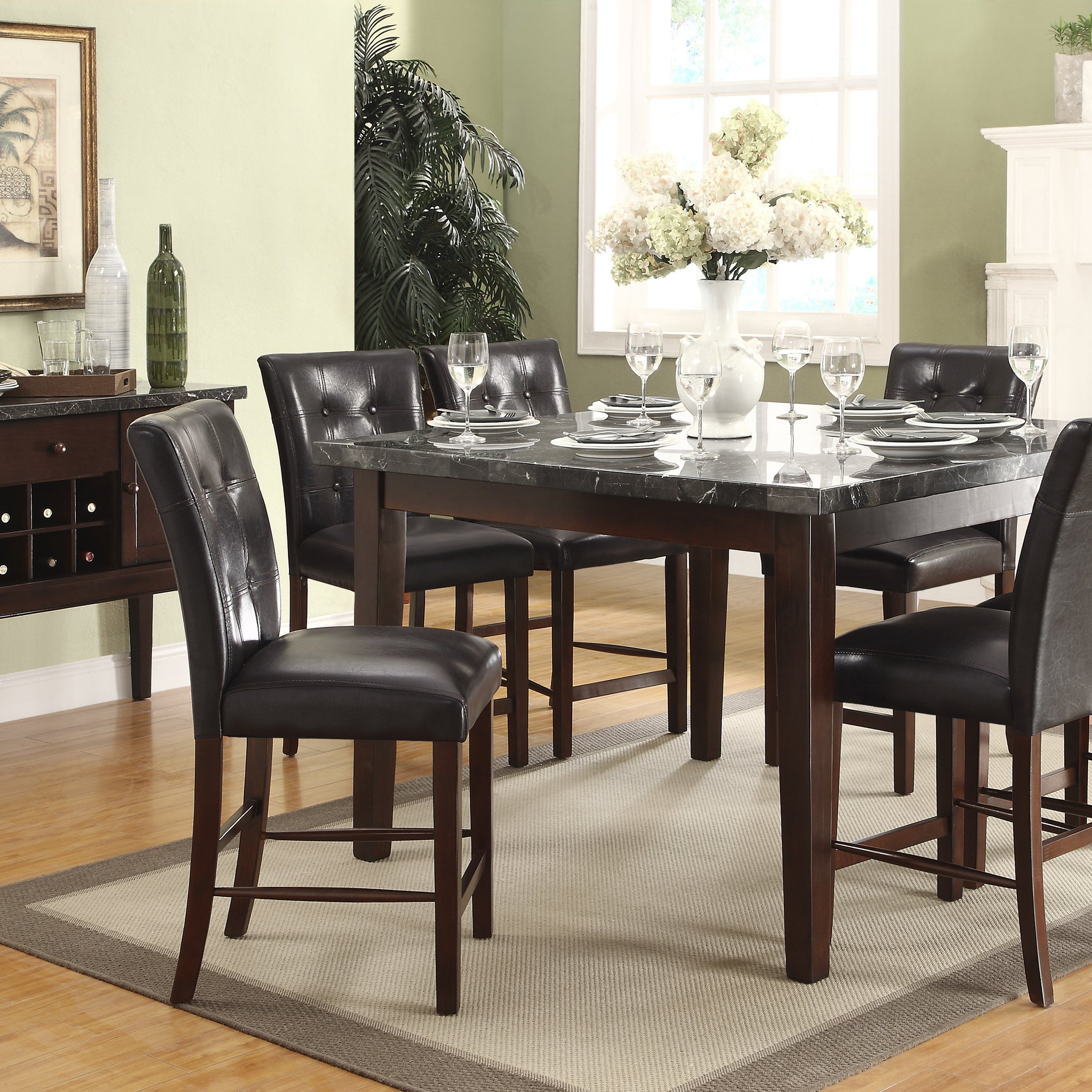 Dark Cherry Finish 7Pc Counter Height Set Marble Top Table With 6 Counter Height Chairs Dark Brown Faux Leather Upholstered Dining Kitchen Wooden Furniture Set Wood Marble Dark Brown Seats 6 Wood Dining Room Classic,Transitional 4 Leg Square Dining Table