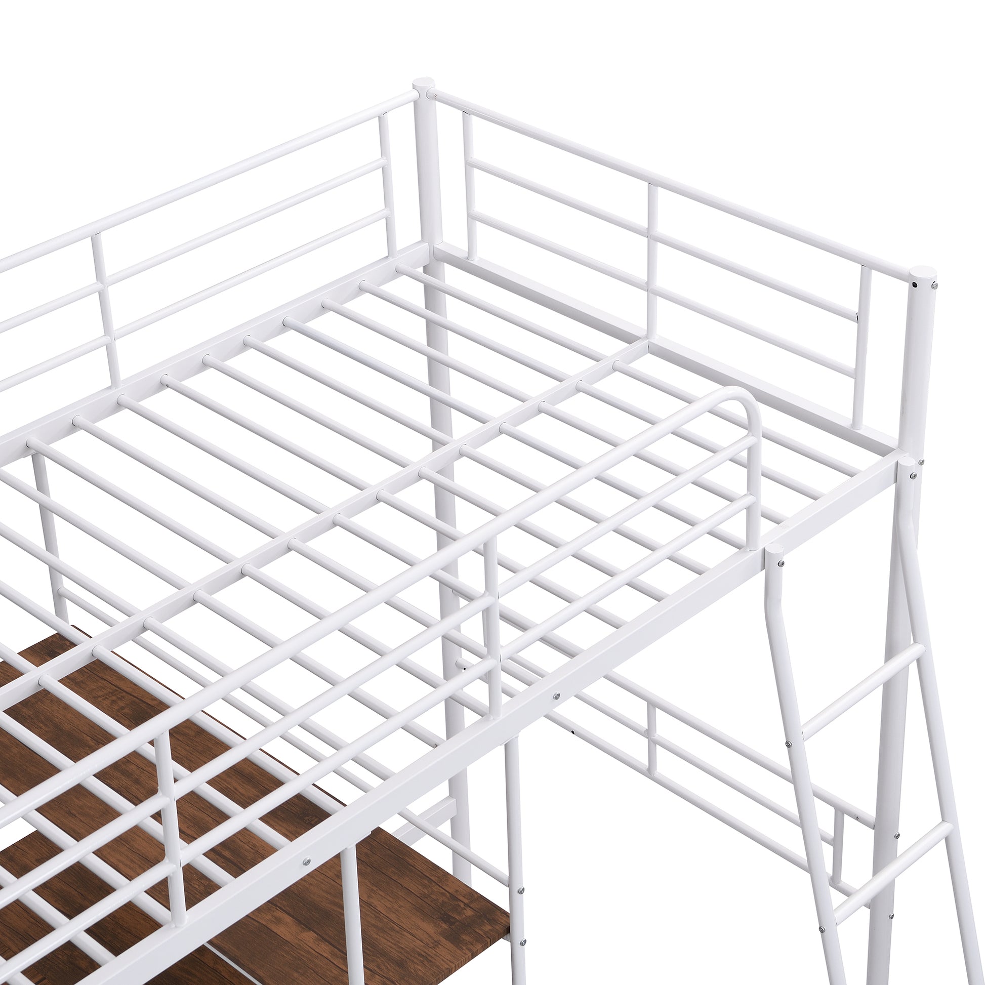 Twin Size Metal Loft Bed And Built In Desk And Shelves,White Old Sku:Wf280270Aak Twin White Metal