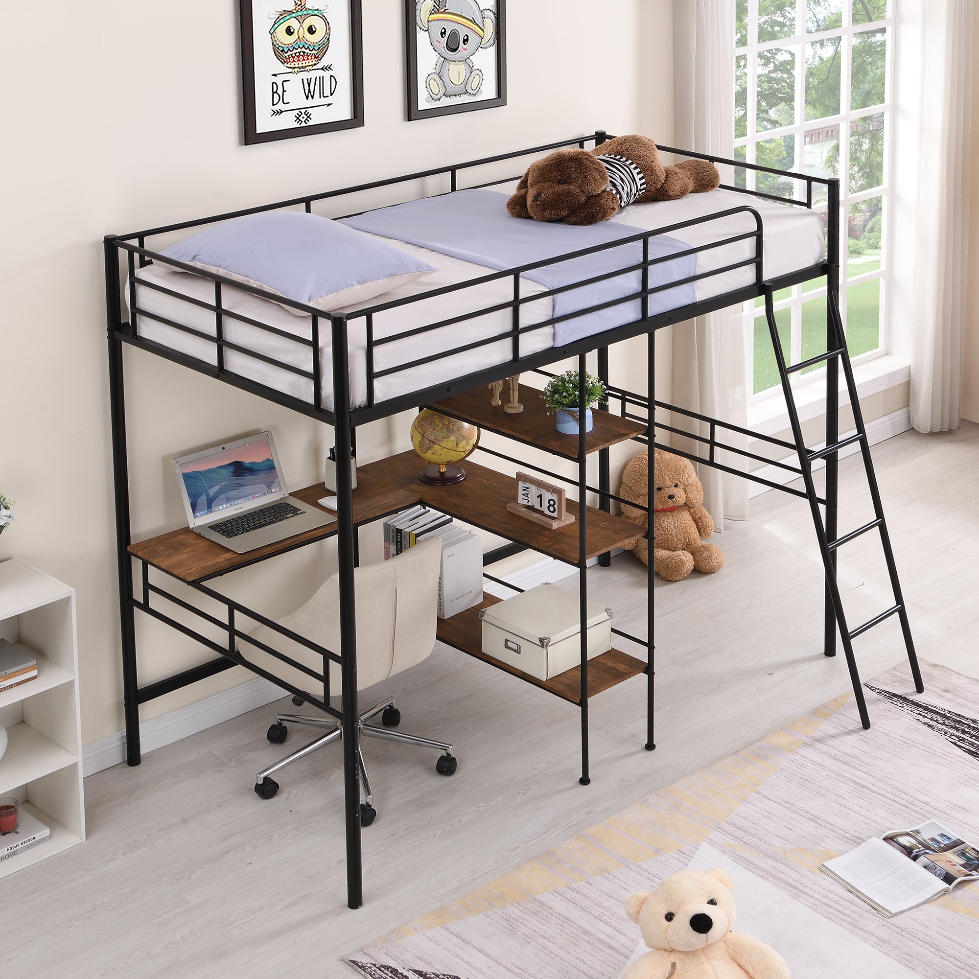 Twin Size Metal Loft Bed And Built In Desk And Shelves,Black Old Dku:Wf280270Aab Twin Black Metal