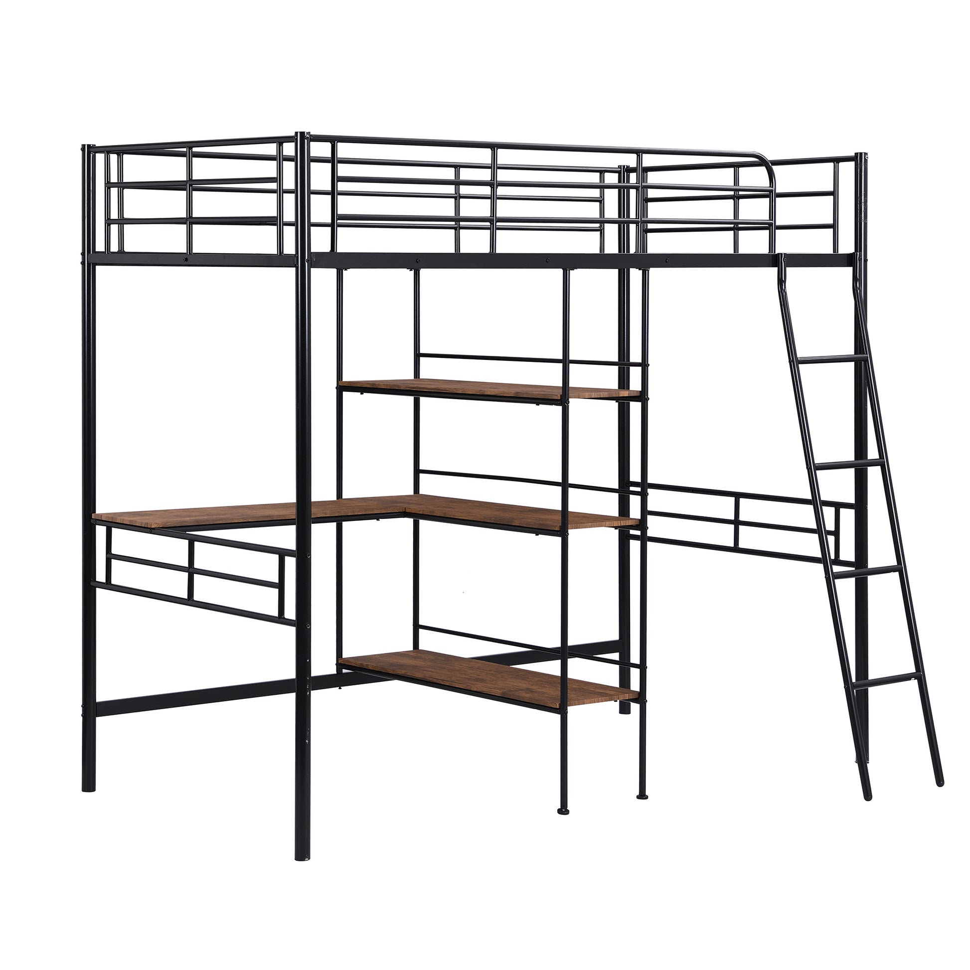 Twin Size Metal Loft Bed And Built In Desk And Shelves,Black Old Dku:Wf280270Aab Twin Black Metal