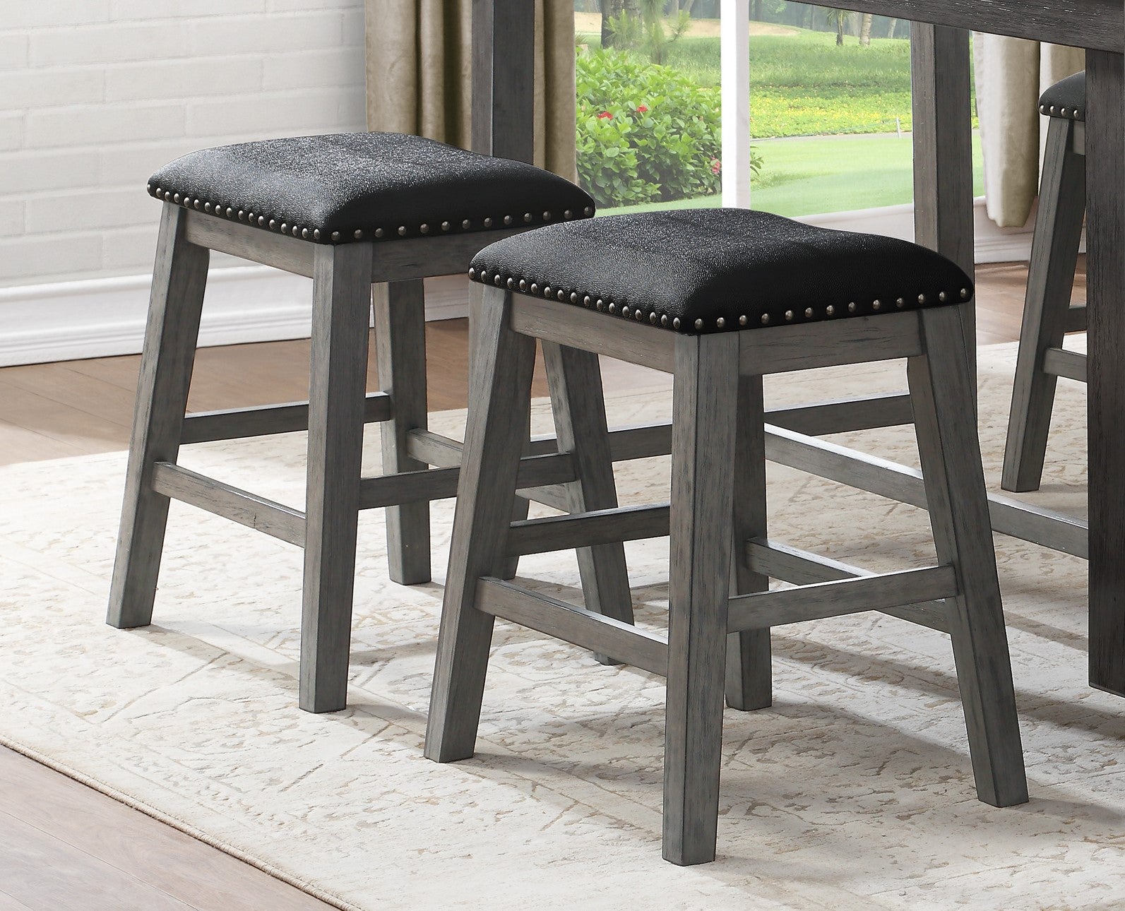 Gray Finish Set Of 2 Counter Height Barstool Black Faux Leather Seat Trim Casual Dining Furniture Gray Dining Room Wood