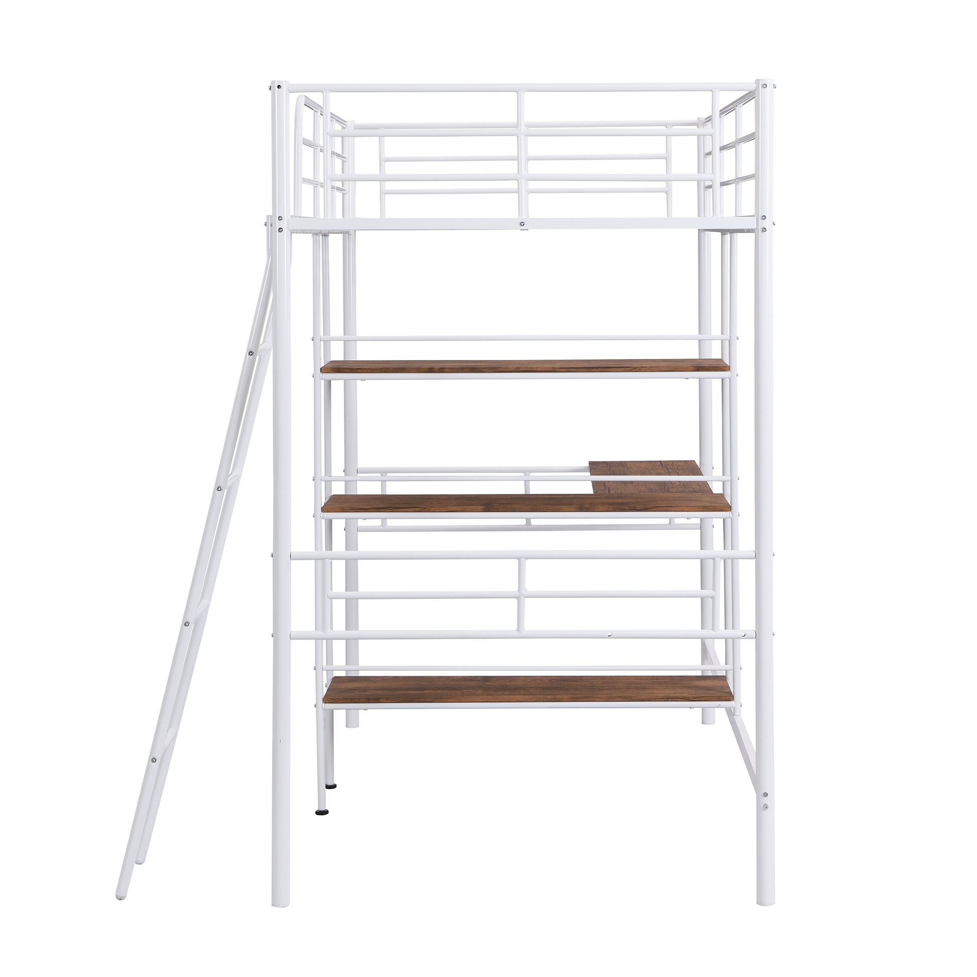 Twin Size Metal Loft Bed And Built In Desk And Shelves,White Old Sku:Wf280270Aak Twin White Metal