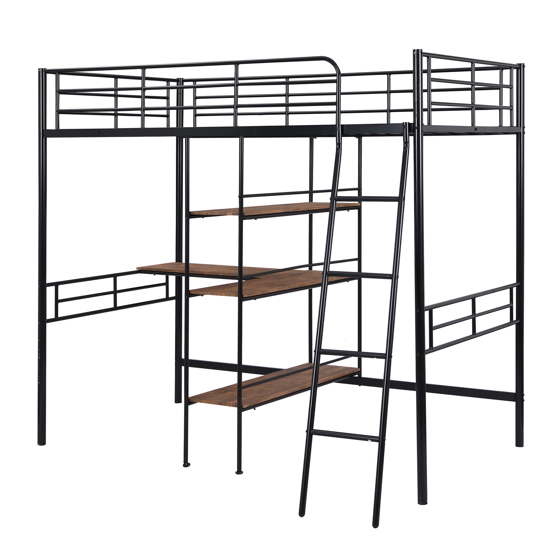 Twin Size Metal Loft Bed And Built In Desk And Shelves,Black Old Dku:Wf280270Aab Twin Black Metal