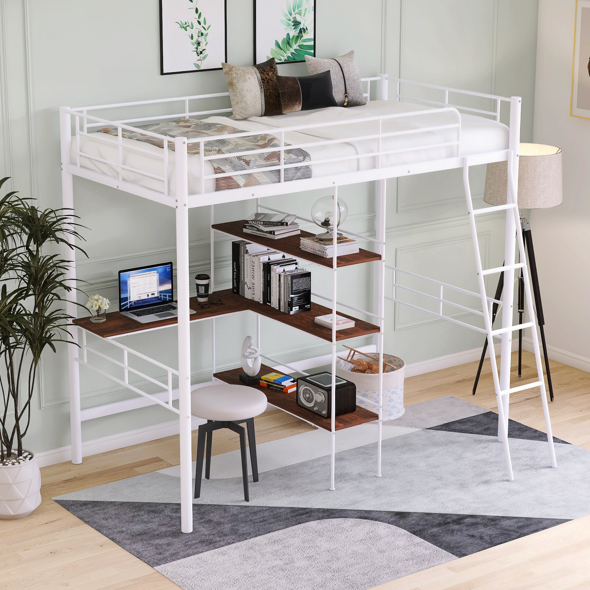 Twin Size Metal Loft Bed And Built In Desk And Shelves,White Old Sku:Wf280270Aak Twin White Metal