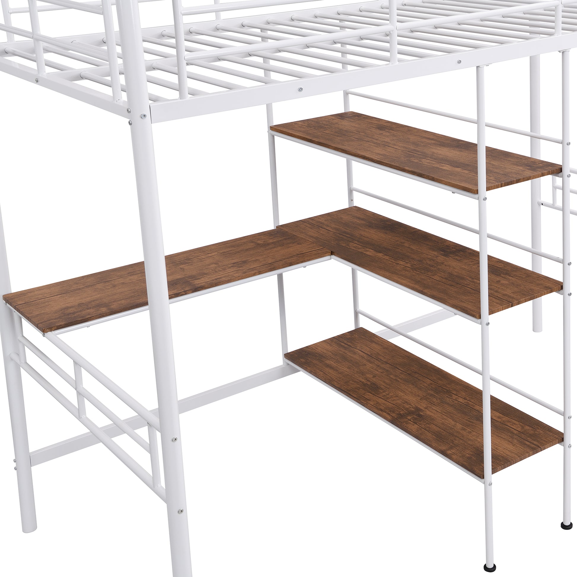 Twin Size Metal Loft Bed And Built In Desk And Shelves,White Old Sku:Wf280270Aak Twin White Metal