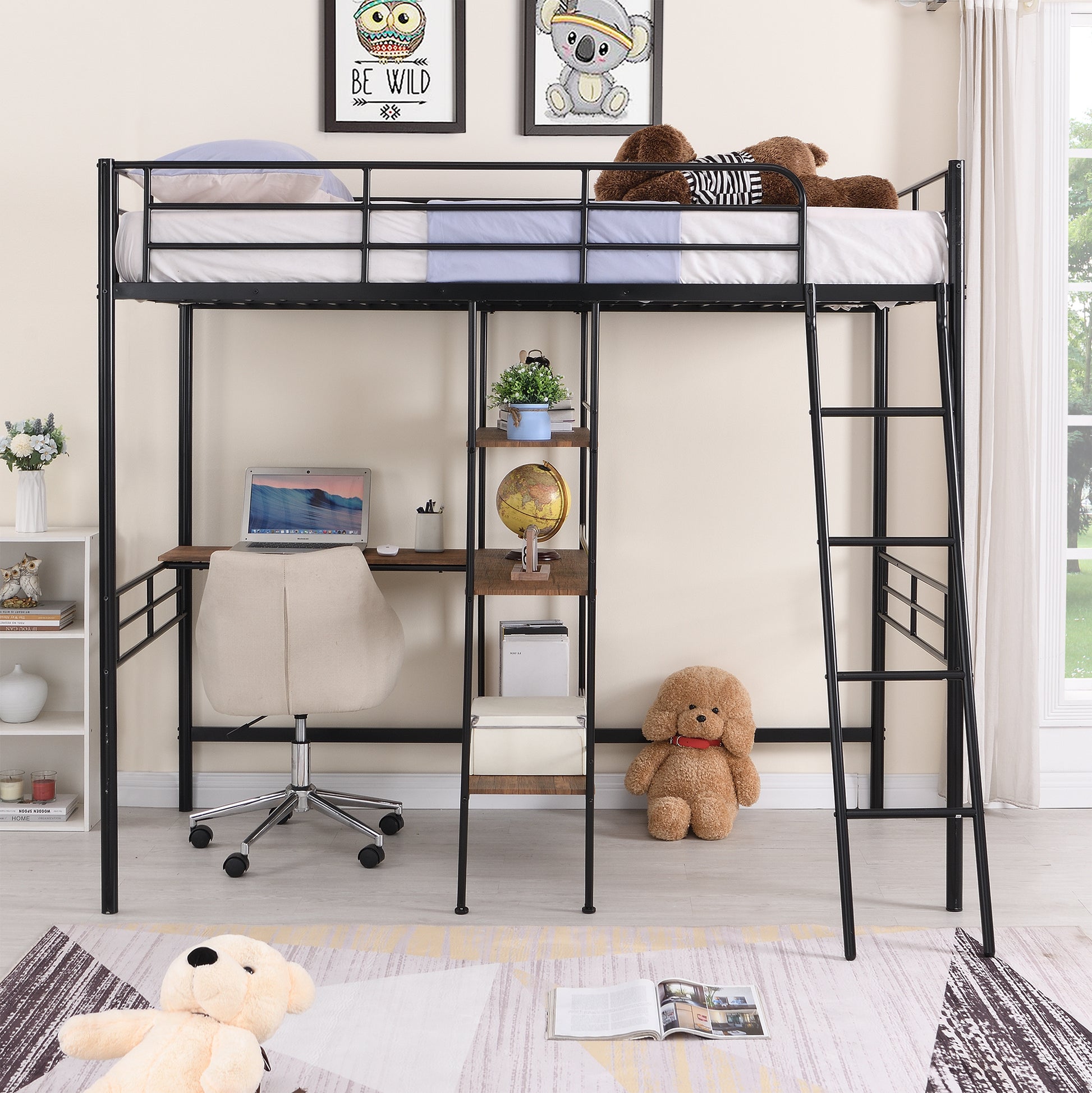 Twin Size Metal Loft Bed And Built In Desk And Shelves,Black Old Dku:Wf280270Aab Twin Black Metal