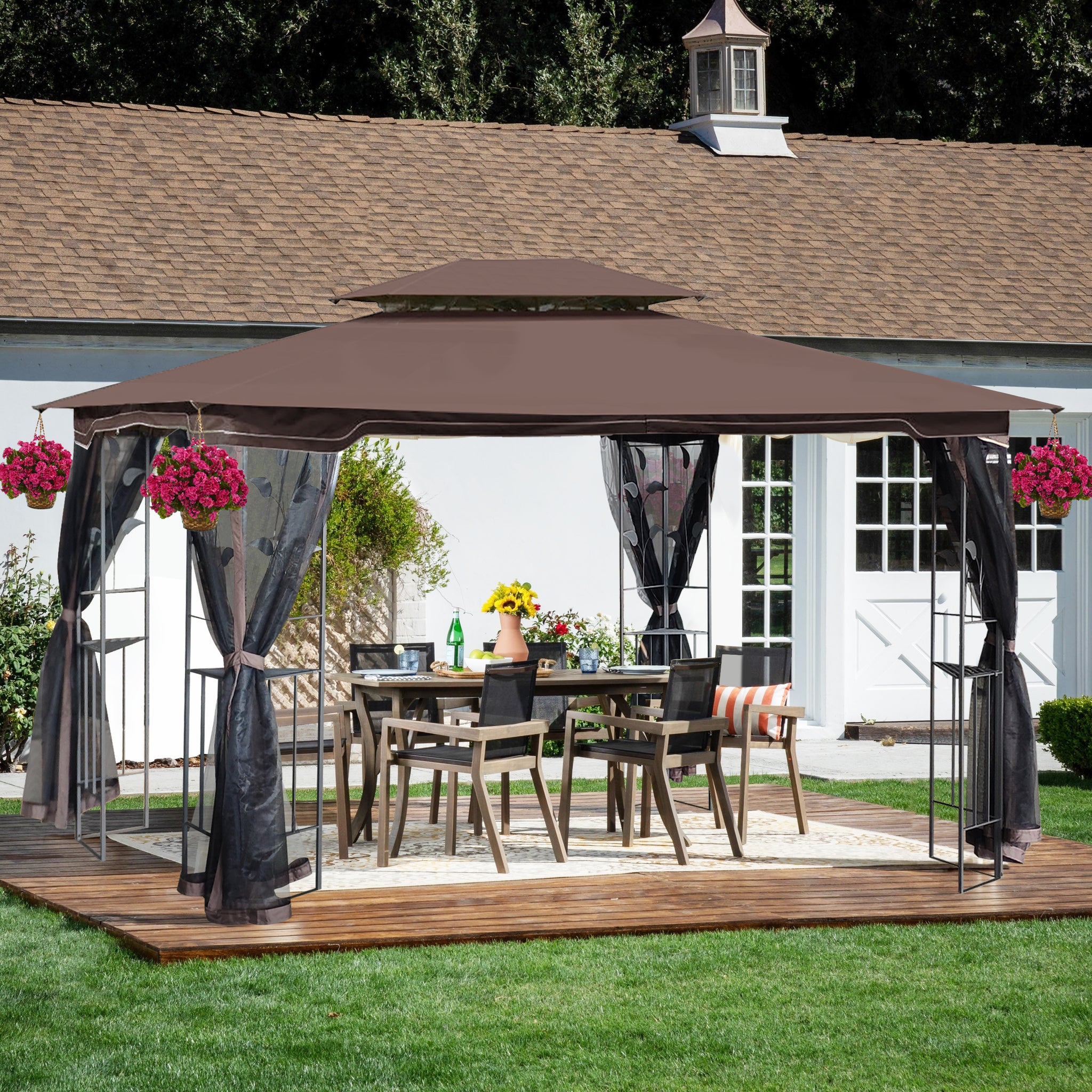 13X10 Outdoor Patio Gazebo Canopy Tent With Ventilated Double Roof And Mosquito Net Detachable Mesh Screen On All Sides ,Suitable For Lawn, Garden, Backyard And Deck,Brown Top Brown Metal