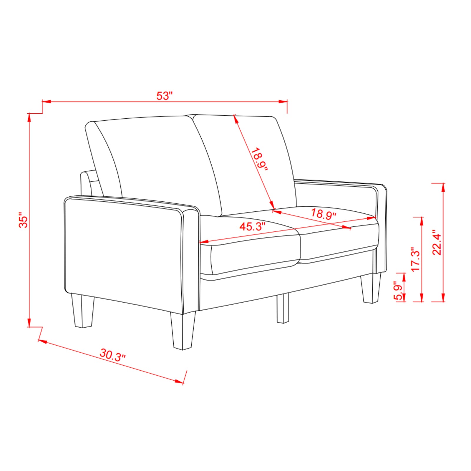 Modern Living Room Furniture Loveseat In Dark Grey Fabric Dark Grey Foam Fabric