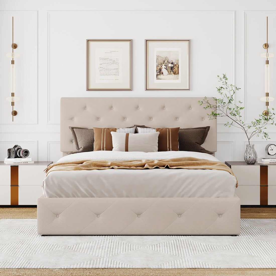 Queen Size Upholstered Platform Bed With A Hydraulic Storage System Beige Beige Upholstered
