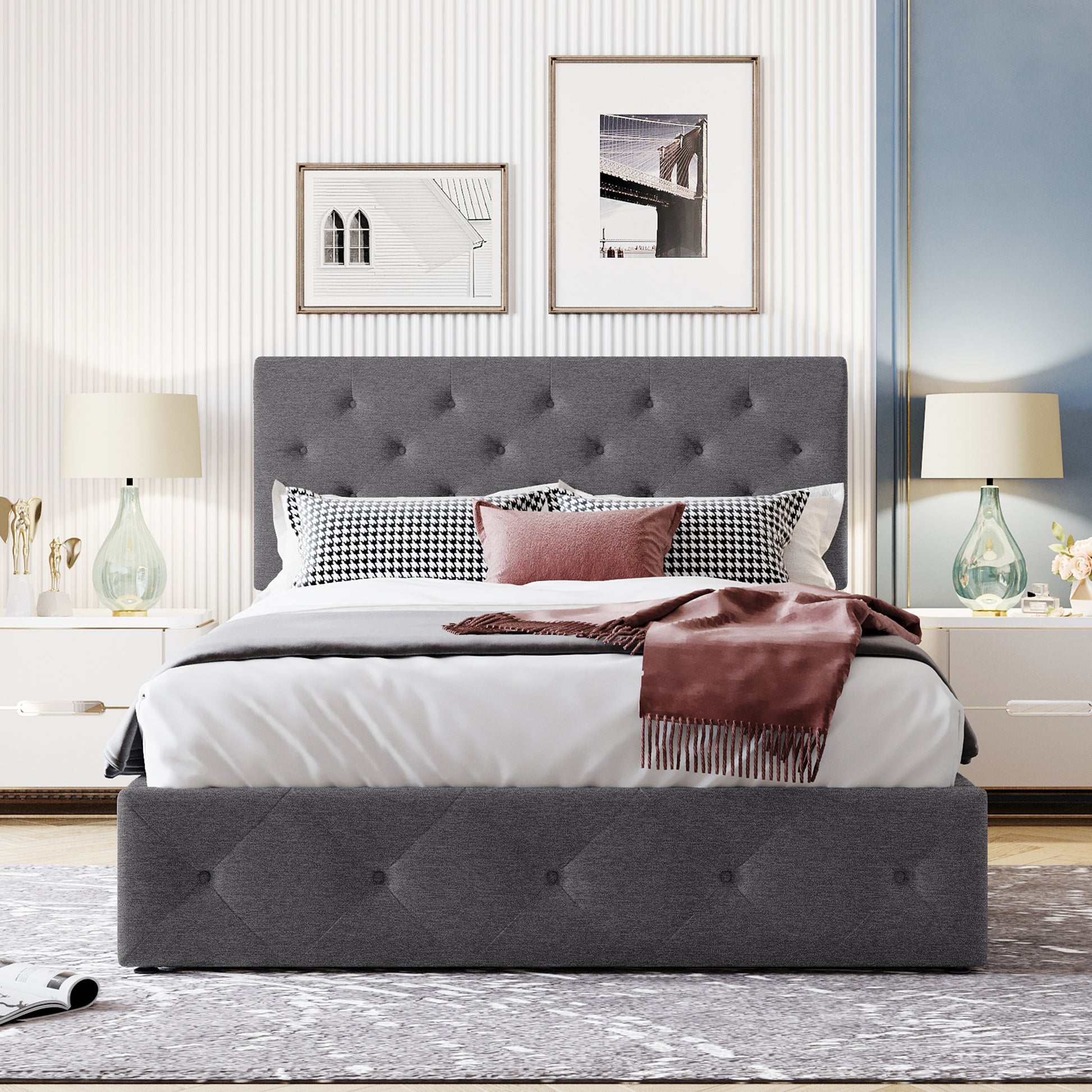 Full Size Upholstered Platform Bed With A Hydraulic Storage System Gray Gray Upholstered