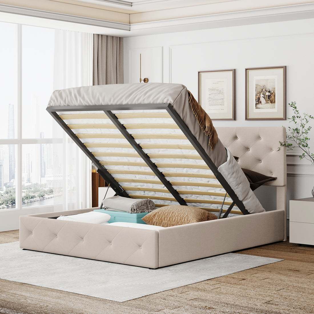 Queen Size Upholstered Platform Bed With A Hydraulic Storage System Beige Beige Upholstered