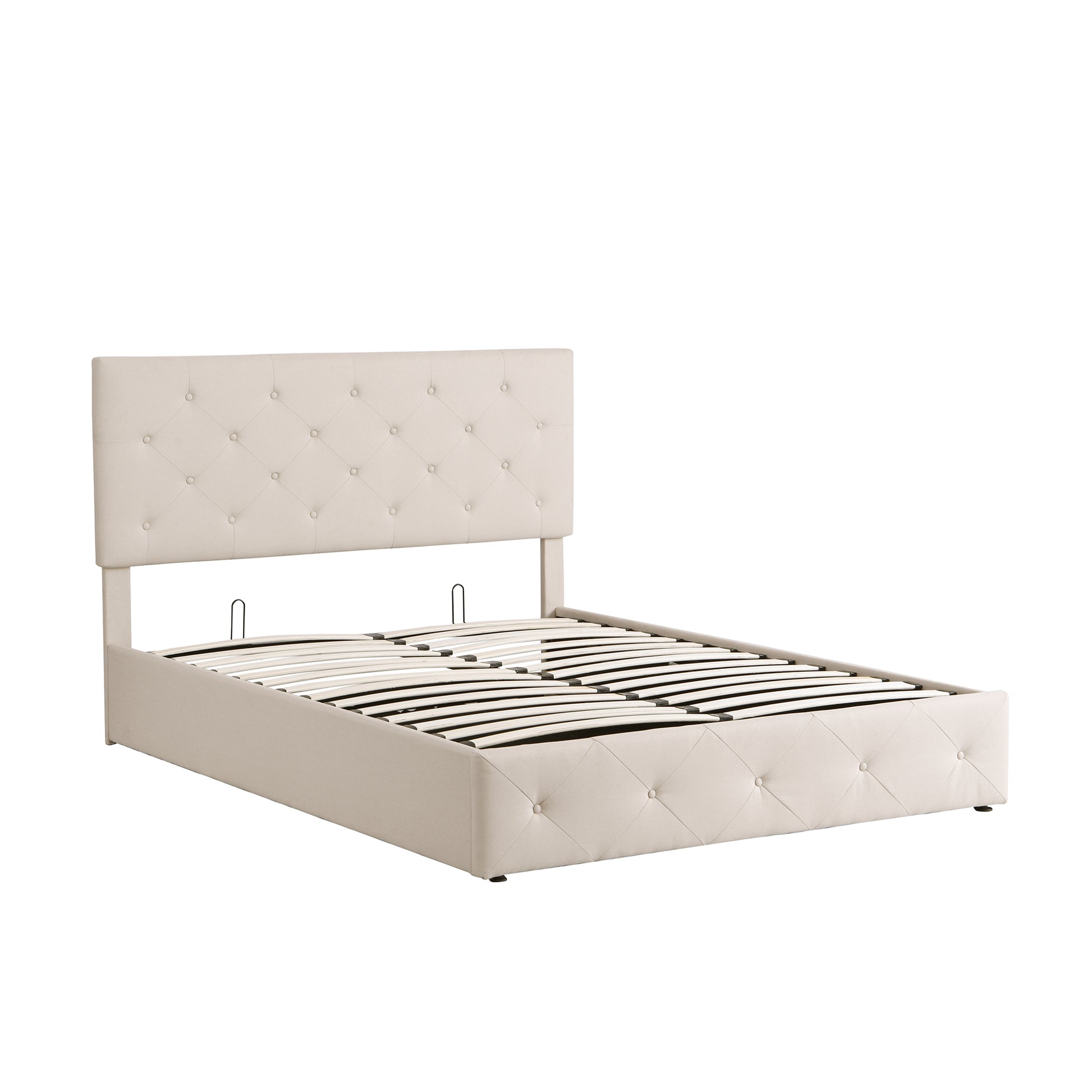 Queen Size Upholstered Platform Bed With A Hydraulic Storage System Beige Beige Upholstered