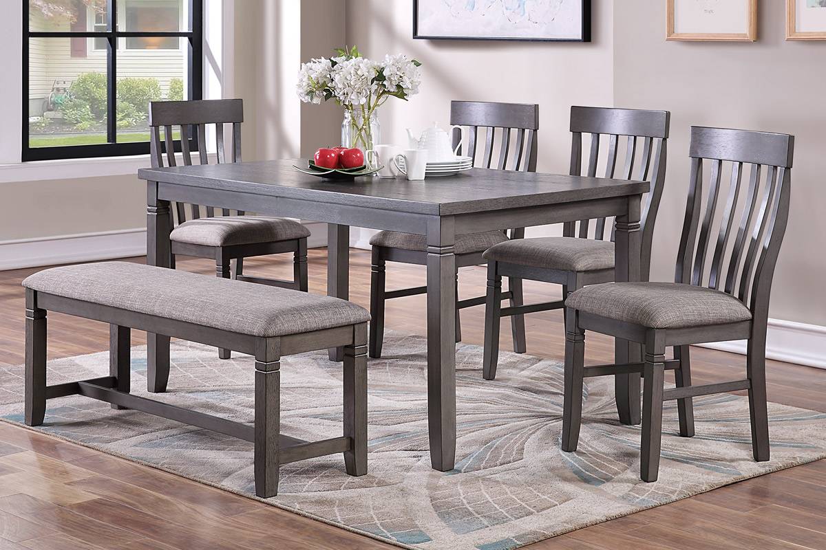 Dining Room Furniture Simple 6Pc Set Dining Table 4X Side Chairs And A Bench Solid Wood And Veneers Wood Dining Room Solid Wood Rubberwood Rectangular Dining Table With Chair And Bench Wood Wood Grey Mix Slat Back Seats 6 60 Inches