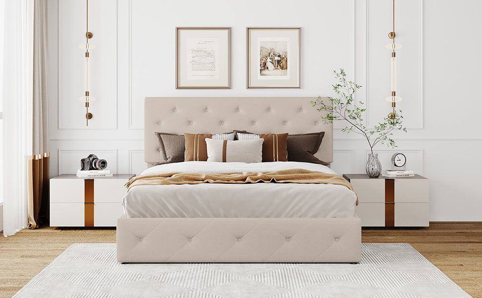 Queen Size Upholstered Platform Bed With A Hydraulic Storage System Beige Beige Upholstered