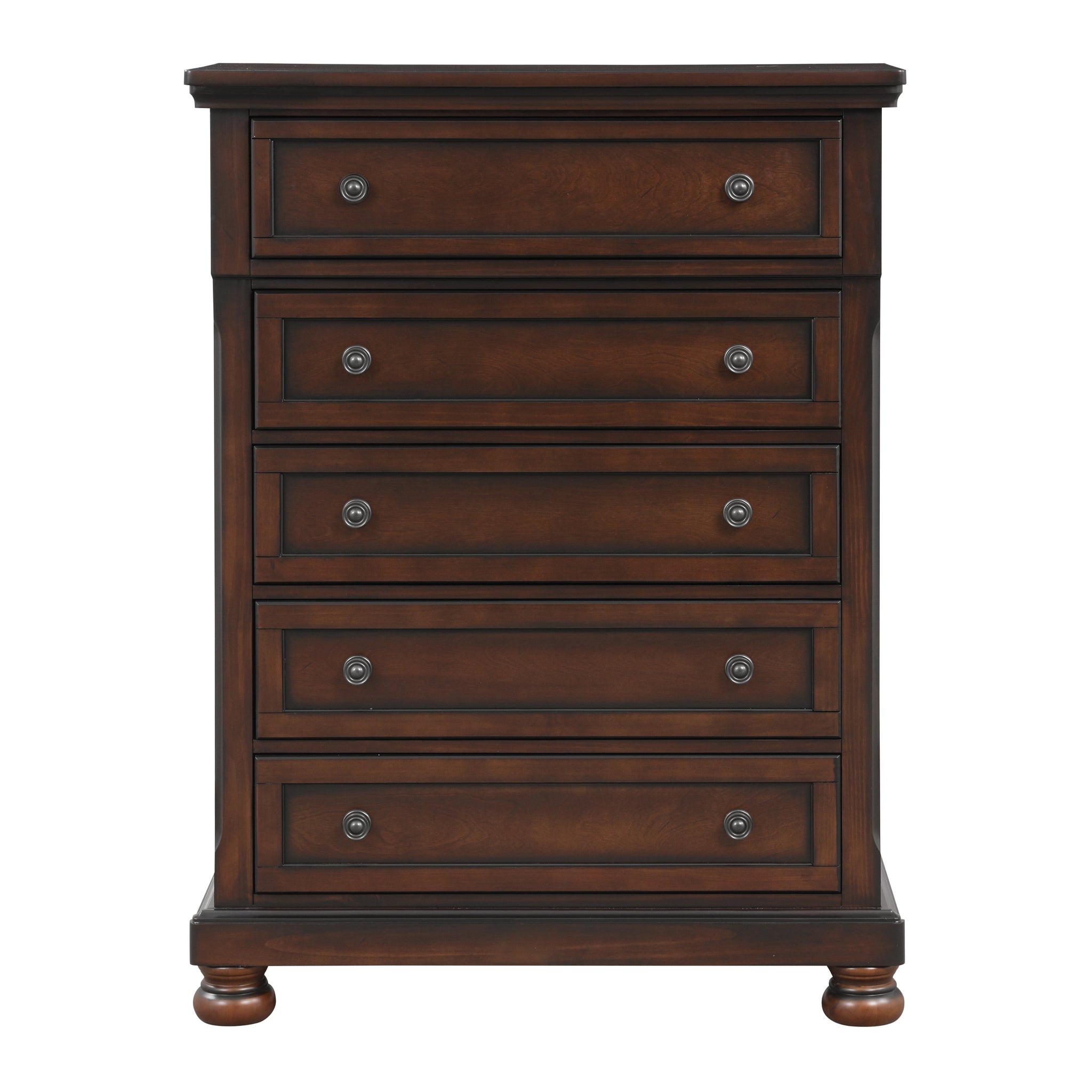 Transitional Bedroom 1Pc Chest Of Five Drawers Bun Feet Brown Cherry Finish Birch Veneer Home Furniture Brown Mix Wood