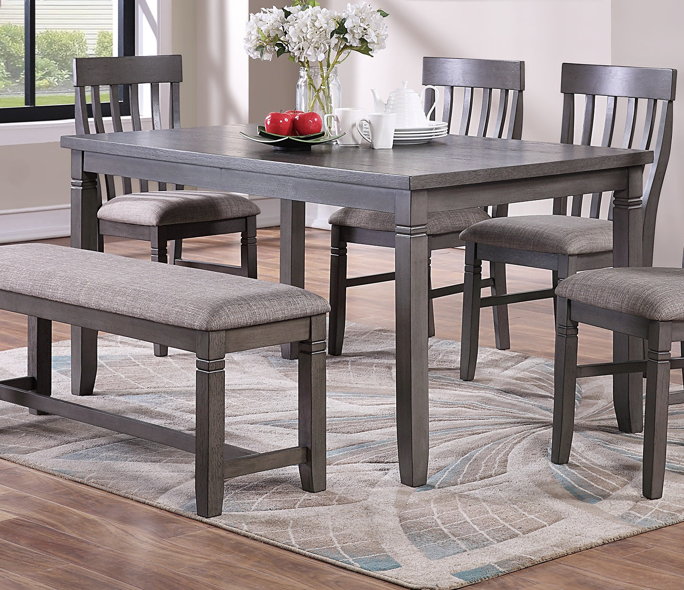 Dining Room Furniture Simple 6Pc Set Dining Table 4X Side Chairs And A Bench Solid Wood And Veneers Wood Dining Room Solid Wood Rubberwood Rectangular Dining Table With Chair And Bench Wood Wood Grey Mix Slat Back Seats 6 60 Inches