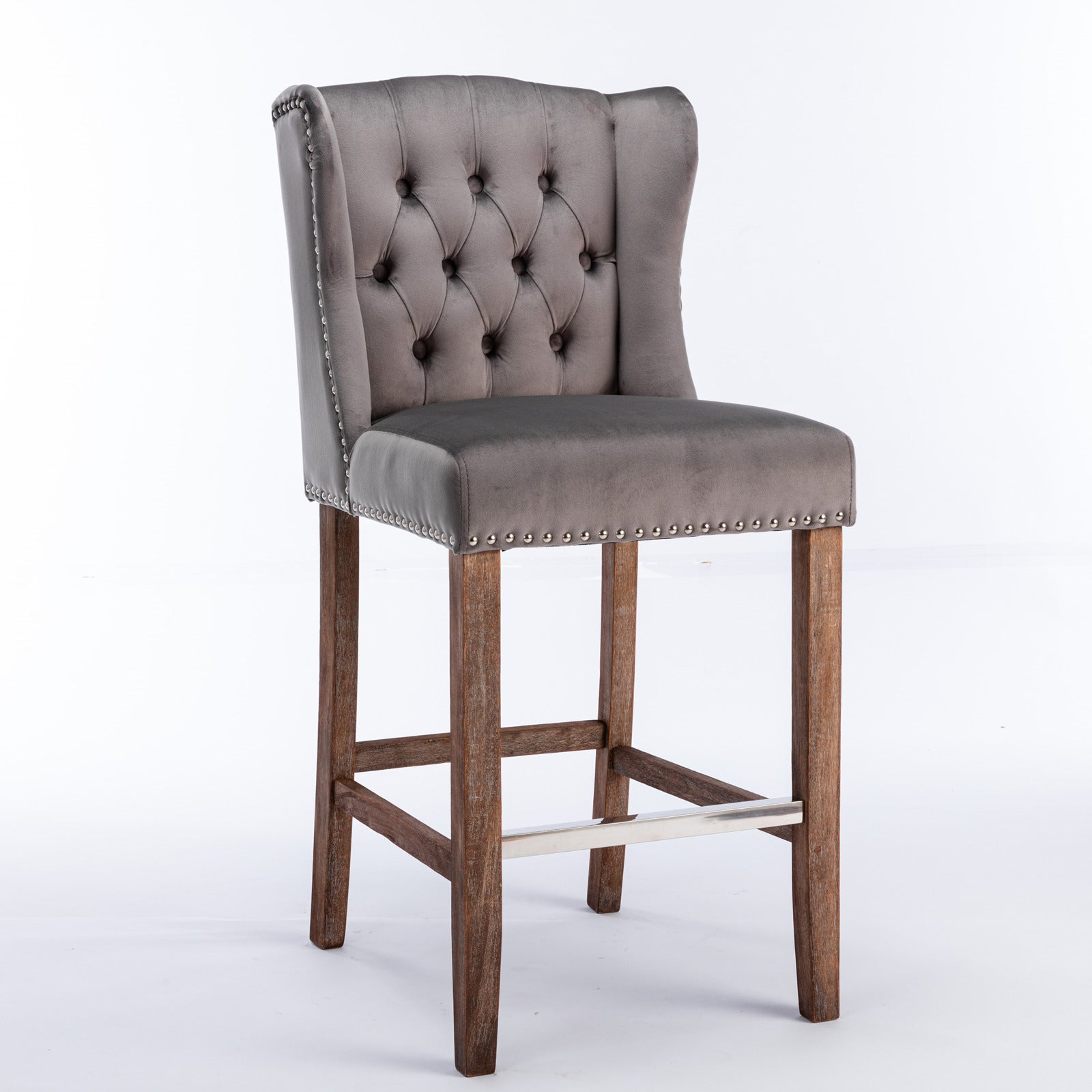 Counter Height Bar Stools, Upholstered 27" Seat Height Barstools, Wingback Breakfast Chairs With Trim & Tufted Back, Wood Legs, Set Of 2 Grey Gray Foam Velvet