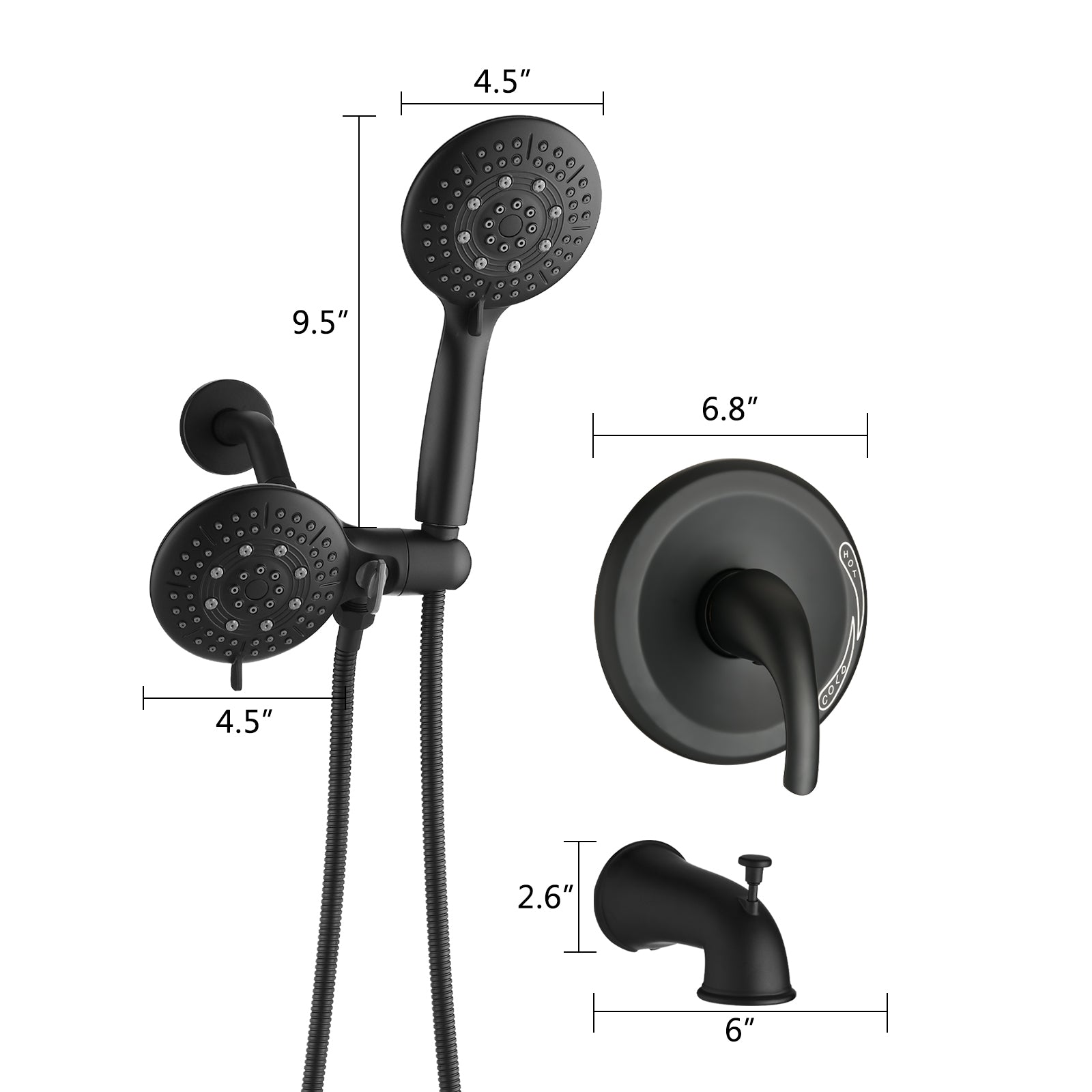 Classic High Pressure Single Handle 6 Function Rain Shower Head With Handheld Shower With Tup Spout Matte Black Abs