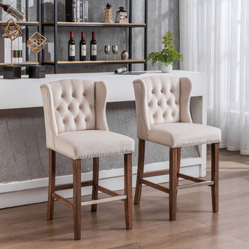 Counter Height Bar Stools, Upholstered 27" Seat Height Barstools, Wingback Breakfast Chairs With Trim & Tufted Back, Wood Legs, Set Of 2 Beige Beige Foam Velvet