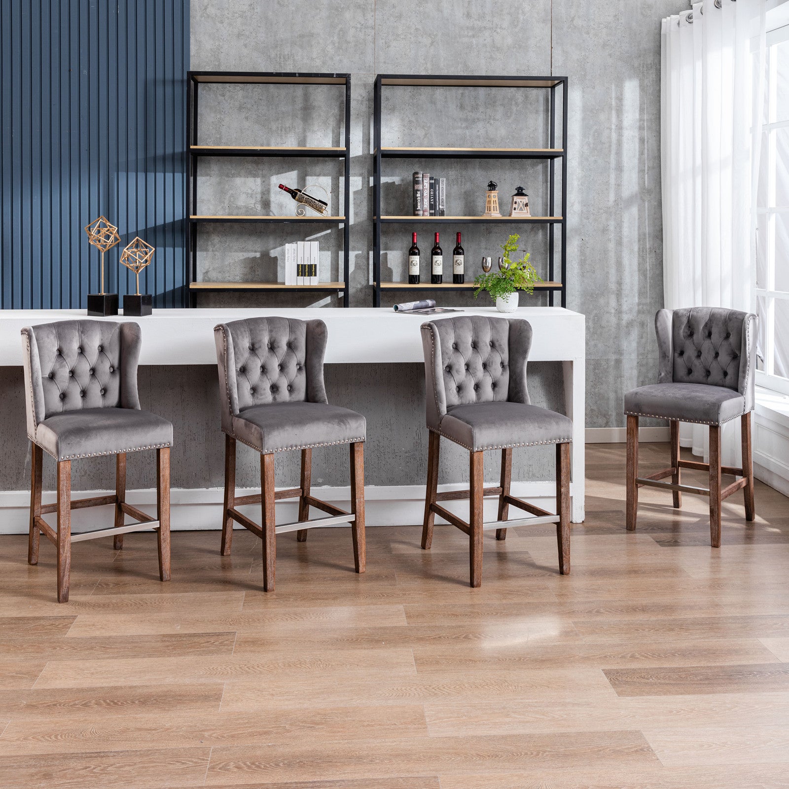 Counter Height Bar Stools, Upholstered 27" Seat Height Barstools, Wingback Breakfast Chairs With Trim & Tufted Back, Wood Legs, Set Of 2 Grey Gray Foam Velvet