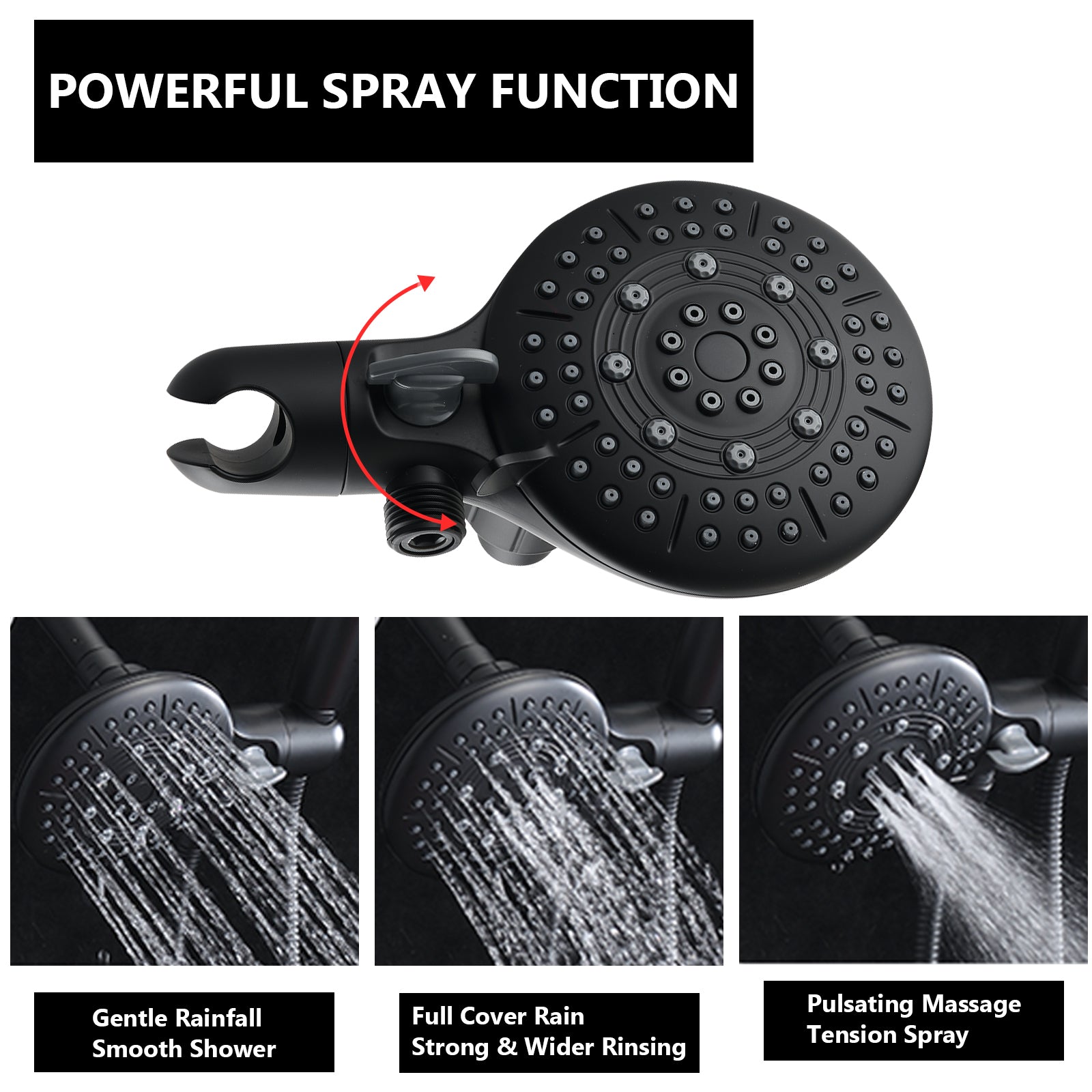Classic High Pressure Single Handle 6 Function Rain Shower Head With Handheld Shower With Tup Spout Matte Black Abs
