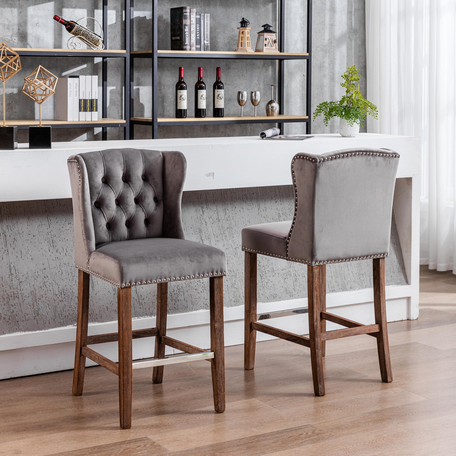 Counter Height Bar Stools, Upholstered 27" Seat Height Barstools, Wingback Breakfast Chairs With Trim & Tufted Back, Wood Legs, Set Of 2 Grey Gray Foam Velvet