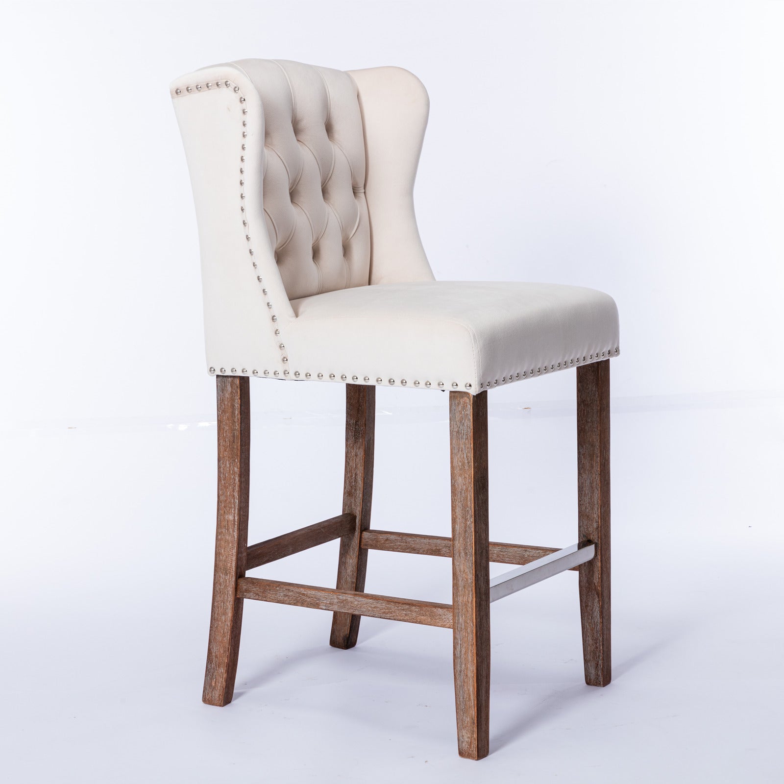 Counter Height Bar Stools, Upholstered 27" Seat Height Barstools, Wingback Breakfast Chairs With Trim & Tufted Back, Wood Legs, Set Of 2 Beige Beige Foam Velvet