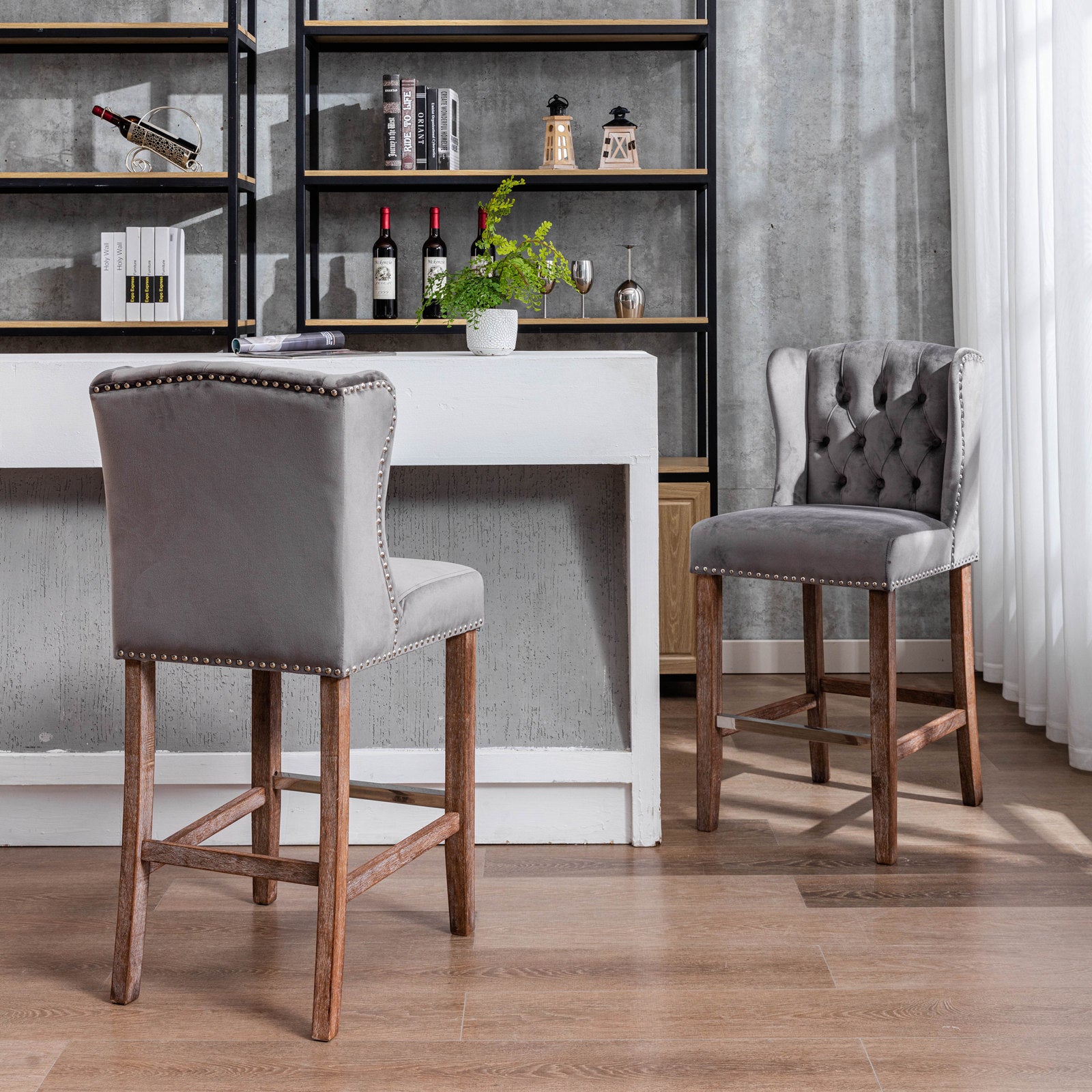 Counter Height Bar Stools, Upholstered 27" Seat Height Barstools, Wingback Breakfast Chairs With Trim & Tufted Back, Wood Legs, Set Of 2 Grey Gray Foam Velvet