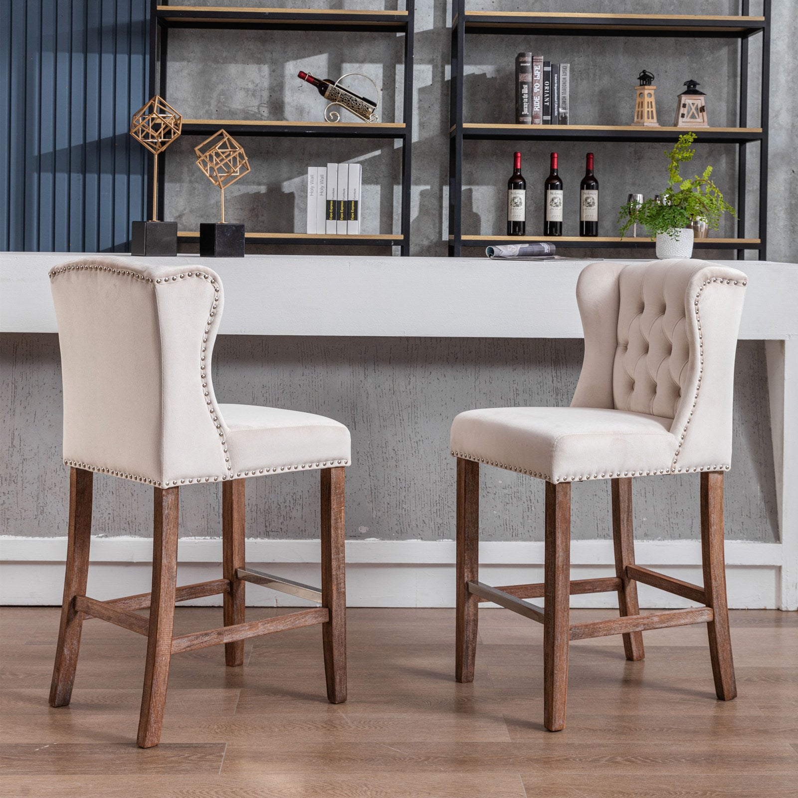 Counter Height Bar Stools, Upholstered 27" Seat Height Barstools, Wingback Breakfast Chairs With Trim & Tufted Back, Wood Legs, Set Of 2 Beige Beige Foam Velvet