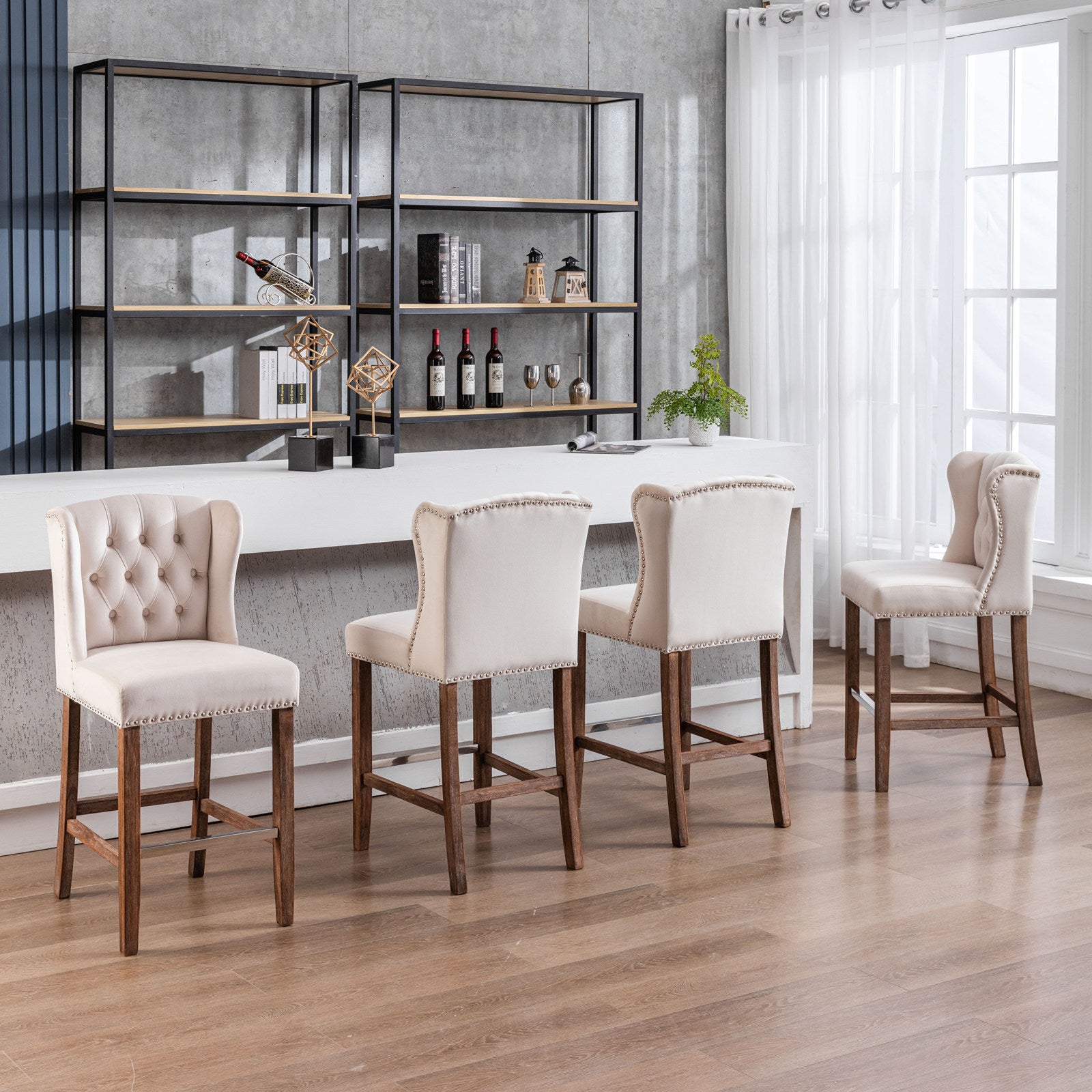 Counter Height Bar Stools, Upholstered 27" Seat Height Barstools, Wingback Breakfast Chairs With Trim & Tufted Back, Wood Legs, Set Of 2 Beige Beige Foam Velvet