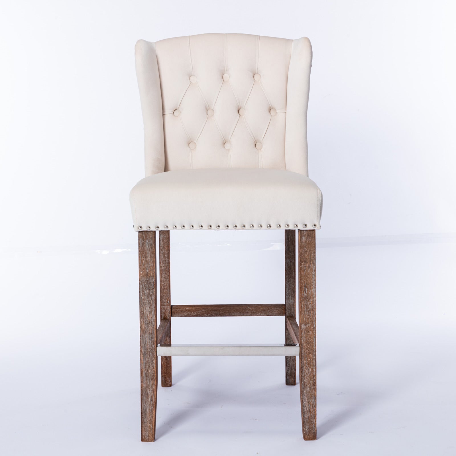 Counter Height Bar Stools, Upholstered 27" Seat Height Barstools, Wingback Breakfast Chairs With Trim & Tufted Back, Wood Legs, Set Of 2 Beige Beige Foam Velvet