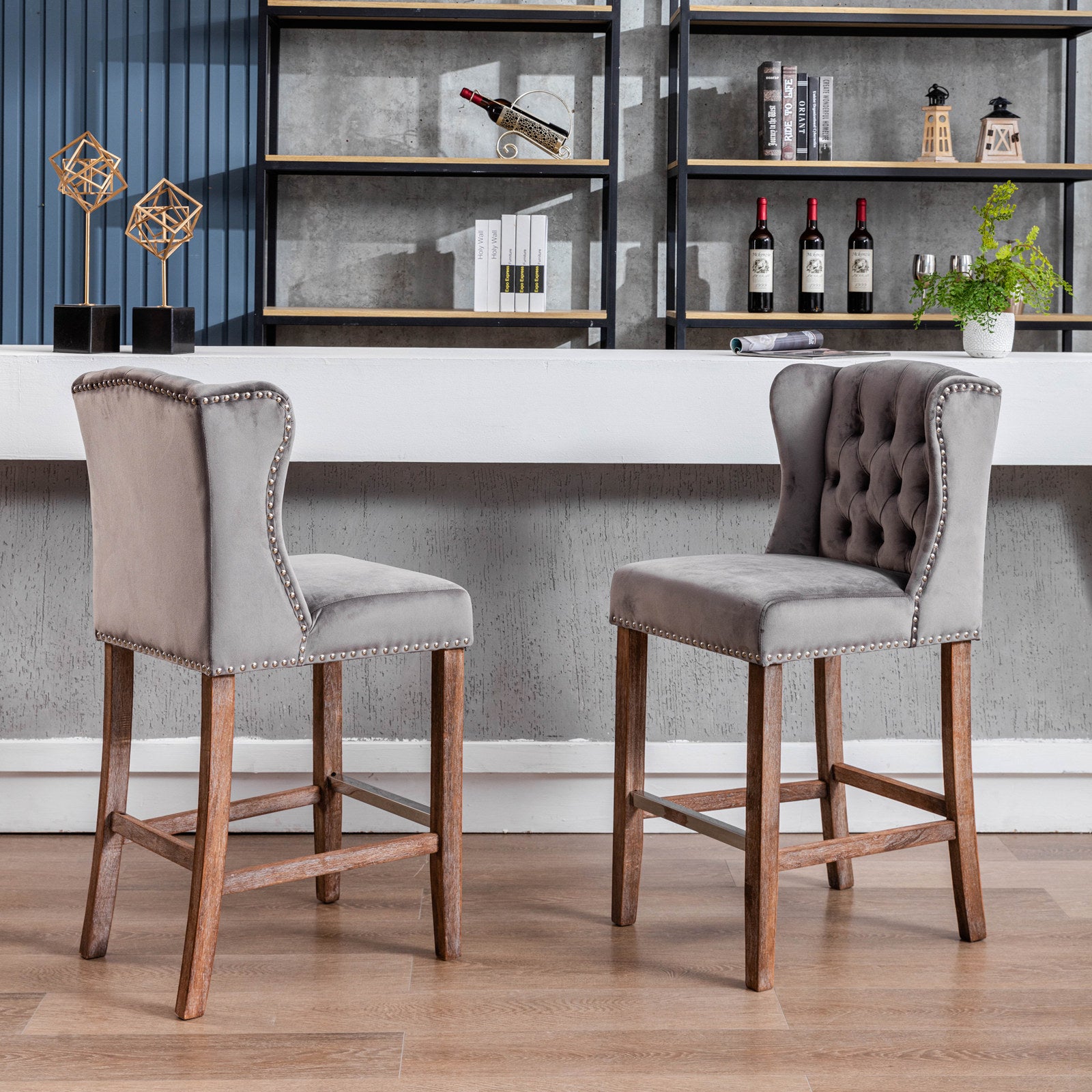 Counter Height Bar Stools, Upholstered 27" Seat Height Barstools, Wingback Breakfast Chairs With Trim & Tufted Back, Wood Legs, Set Of 2 Grey Gray Foam Velvet