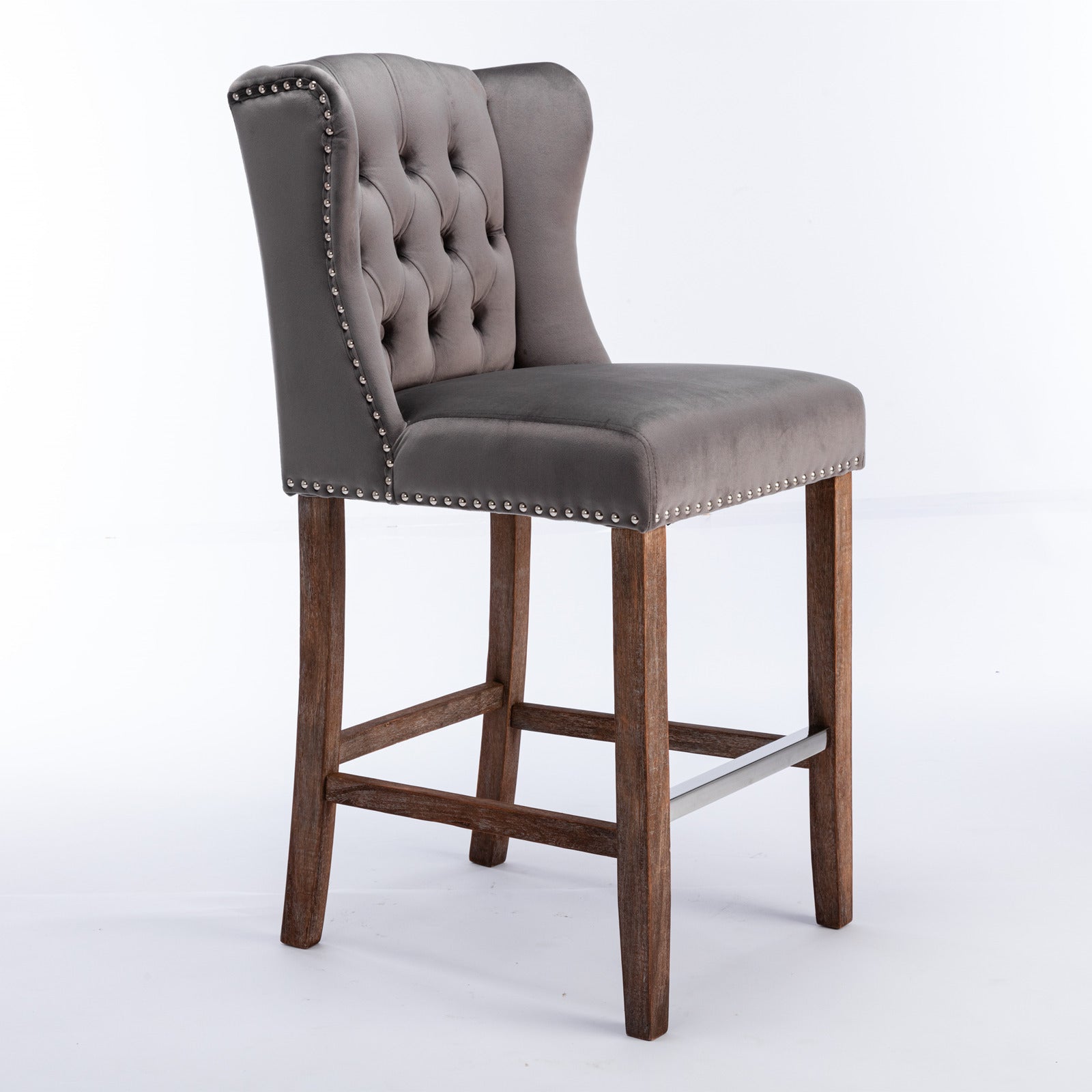 Counter Height Bar Stools, Upholstered 27" Seat Height Barstools, Wingback Breakfast Chairs With Trim & Tufted Back, Wood Legs, Set Of 2 Grey Gray Foam Velvet