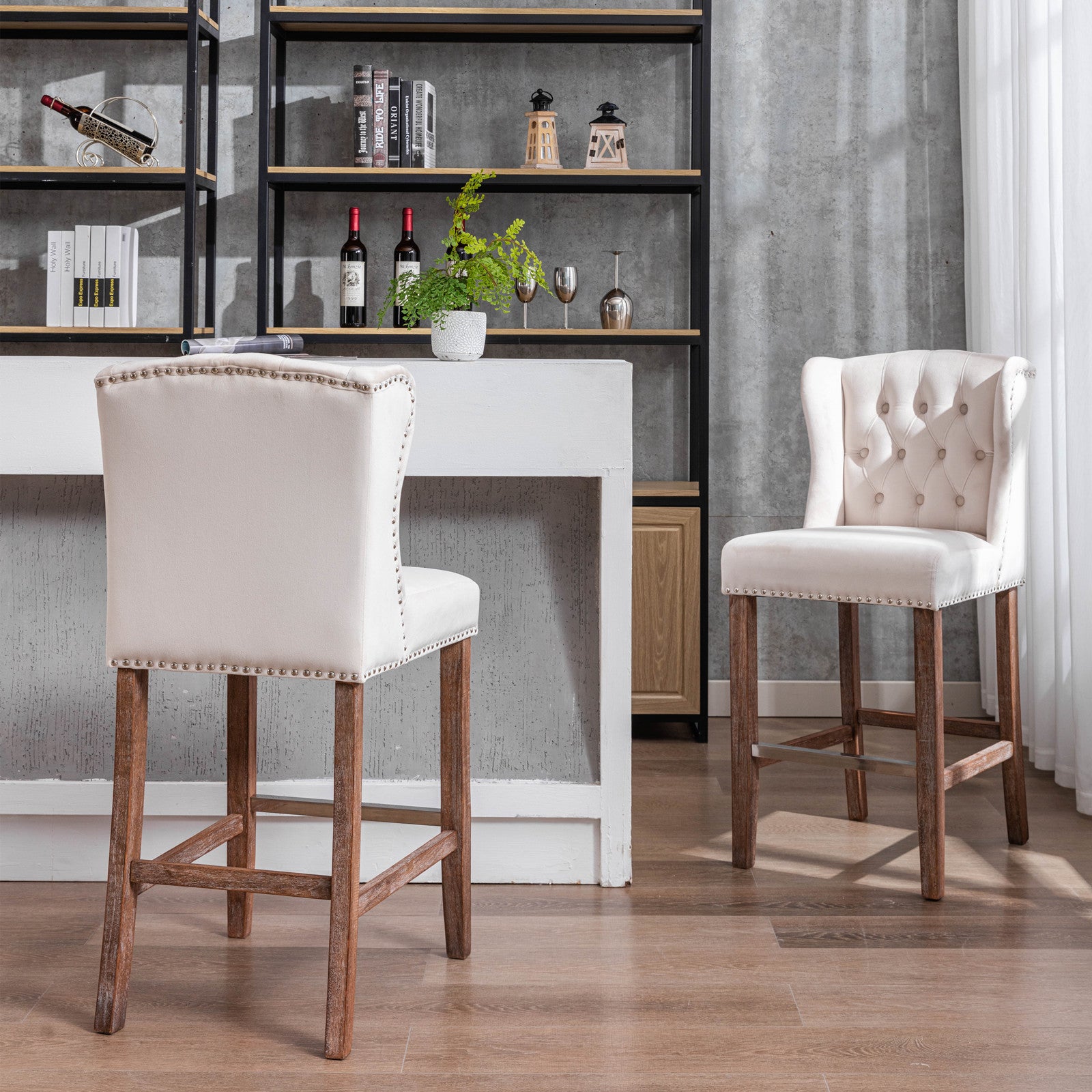 Counter Height Bar Stools, Upholstered 27" Seat Height Barstools, Wingback Breakfast Chairs With Trim & Tufted Back, Wood Legs, Set Of 2 Beige Beige Foam Velvet