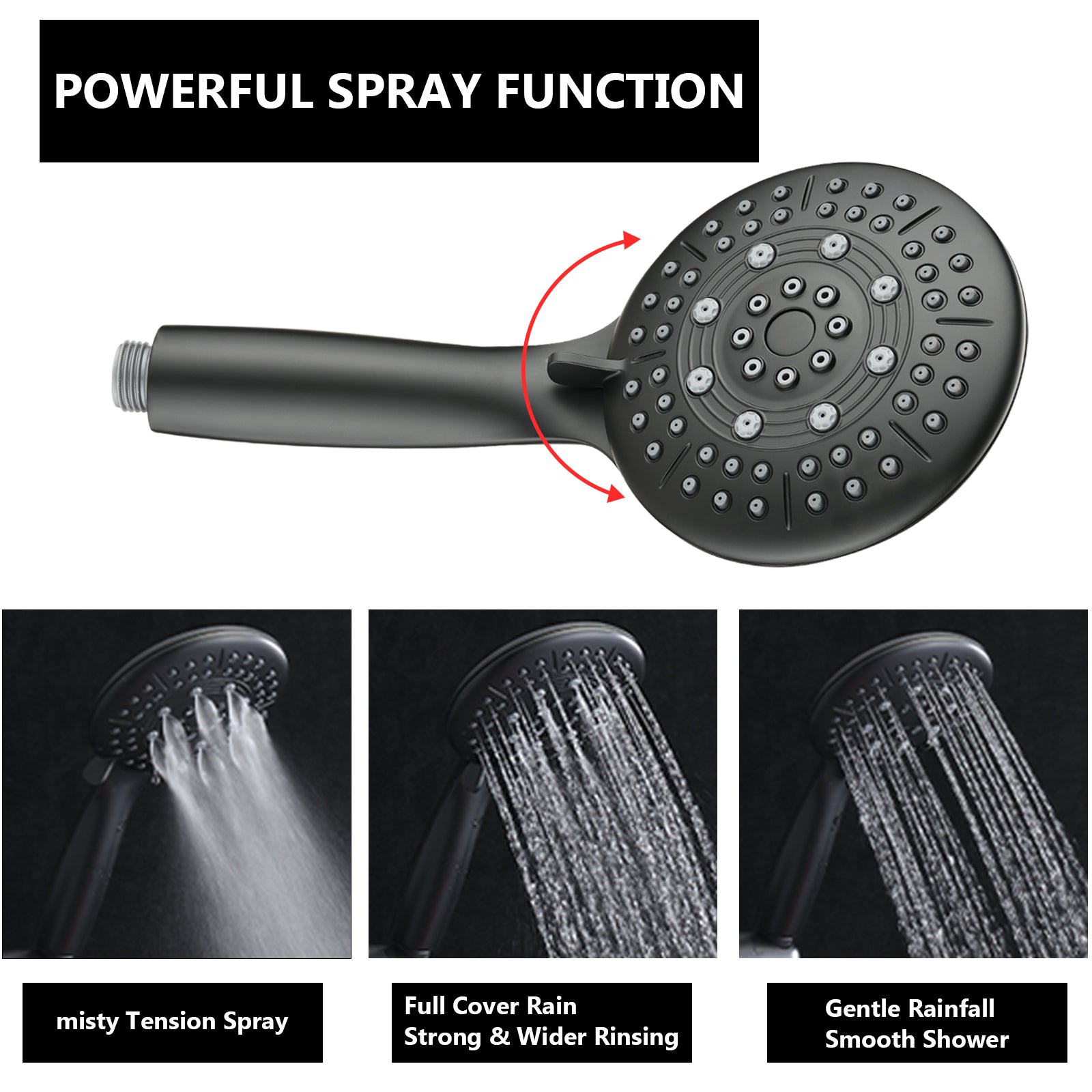 Classic High Pressure Single Handle 6 Function Rain Shower Head With Handheld Shower With Tup Spout Matte Black Abs