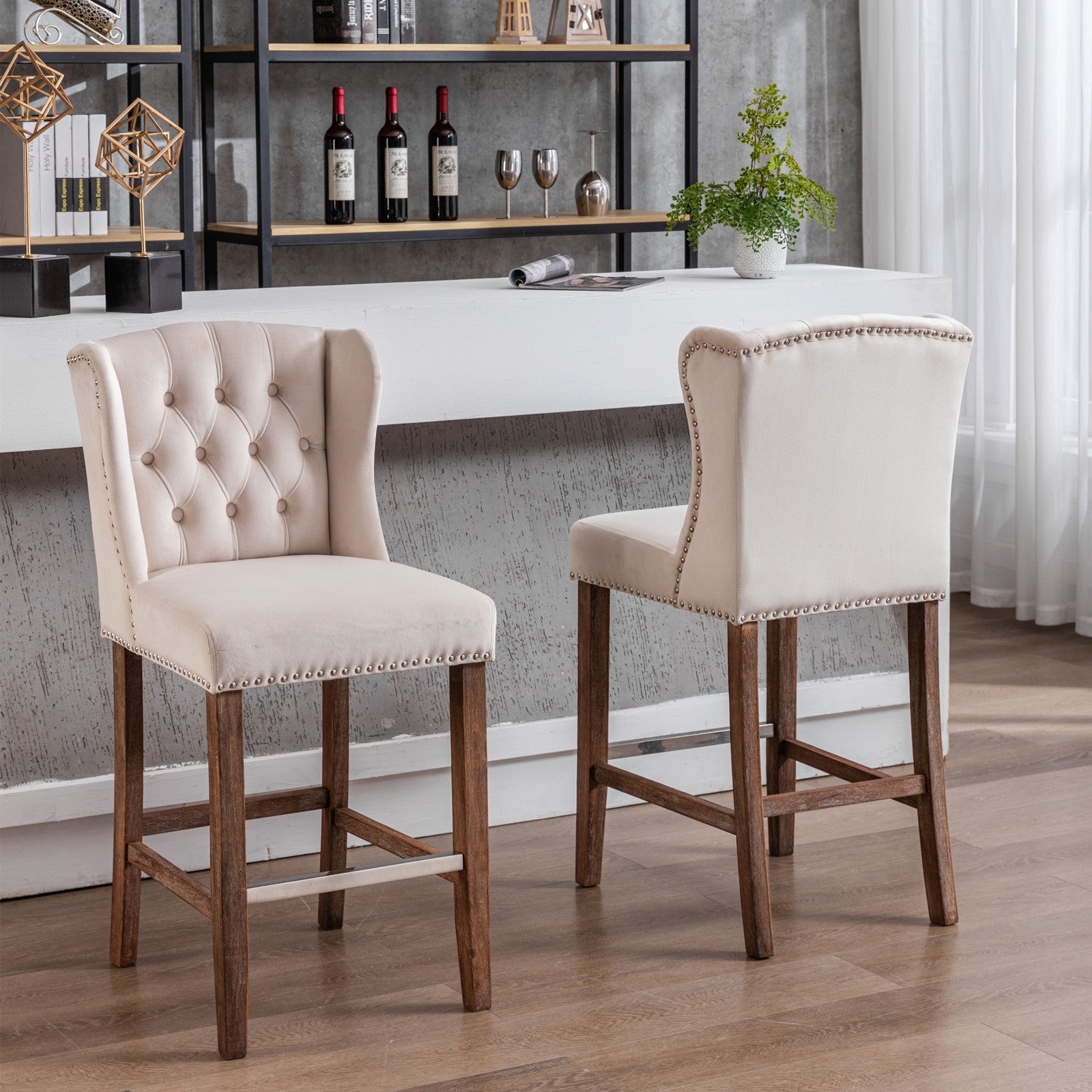 Counter Height Bar Stools, Upholstered 27" Seat Height Barstools, Wingback Breakfast Chairs With Trim & Tufted Back, Wood Legs, Set Of 2 Beige Beige Foam Velvet