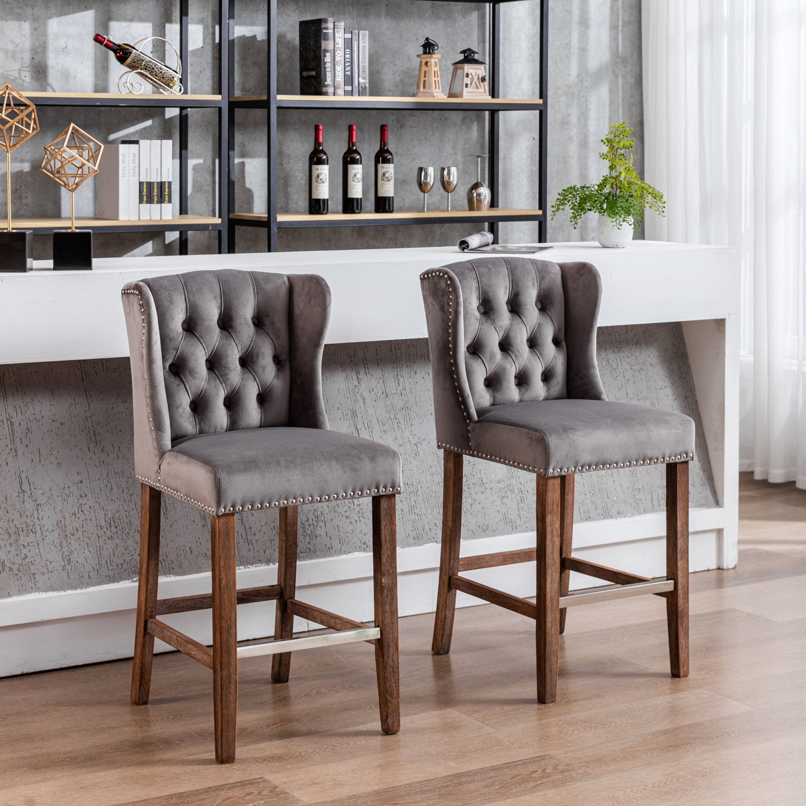 Counter Height Bar Stools, Upholstered 27" Seat Height Barstools, Wingback Breakfast Chairs With Trim & Tufted Back, Wood Legs, Set Of 2 Grey Gray Foam Velvet