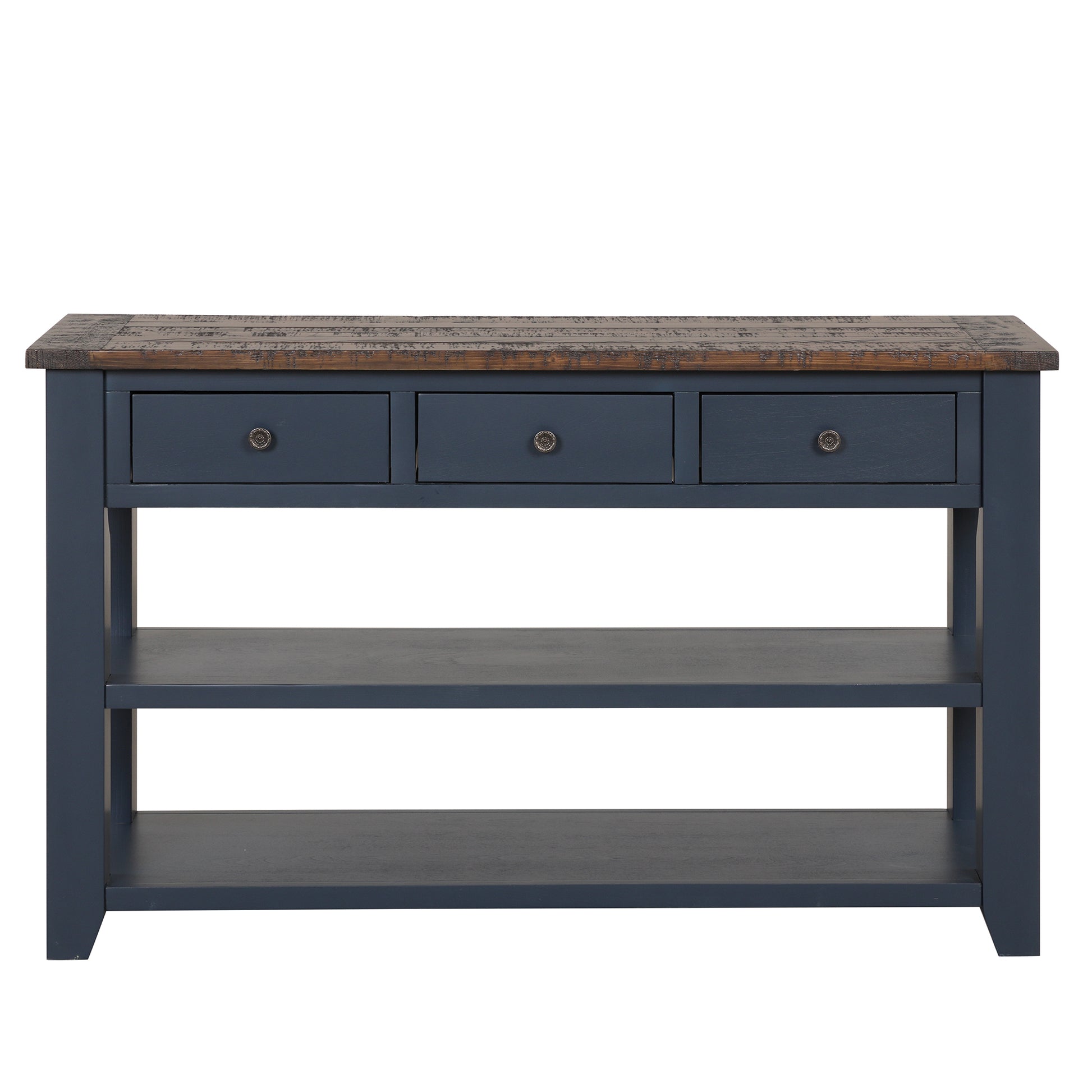 48'' Solid Pine Wood Top Console Table, Modern Entryway Sofa Side Table With 3 Storage Drawers And 2 Shelves. Easy To Assemble Blue Blue Pine