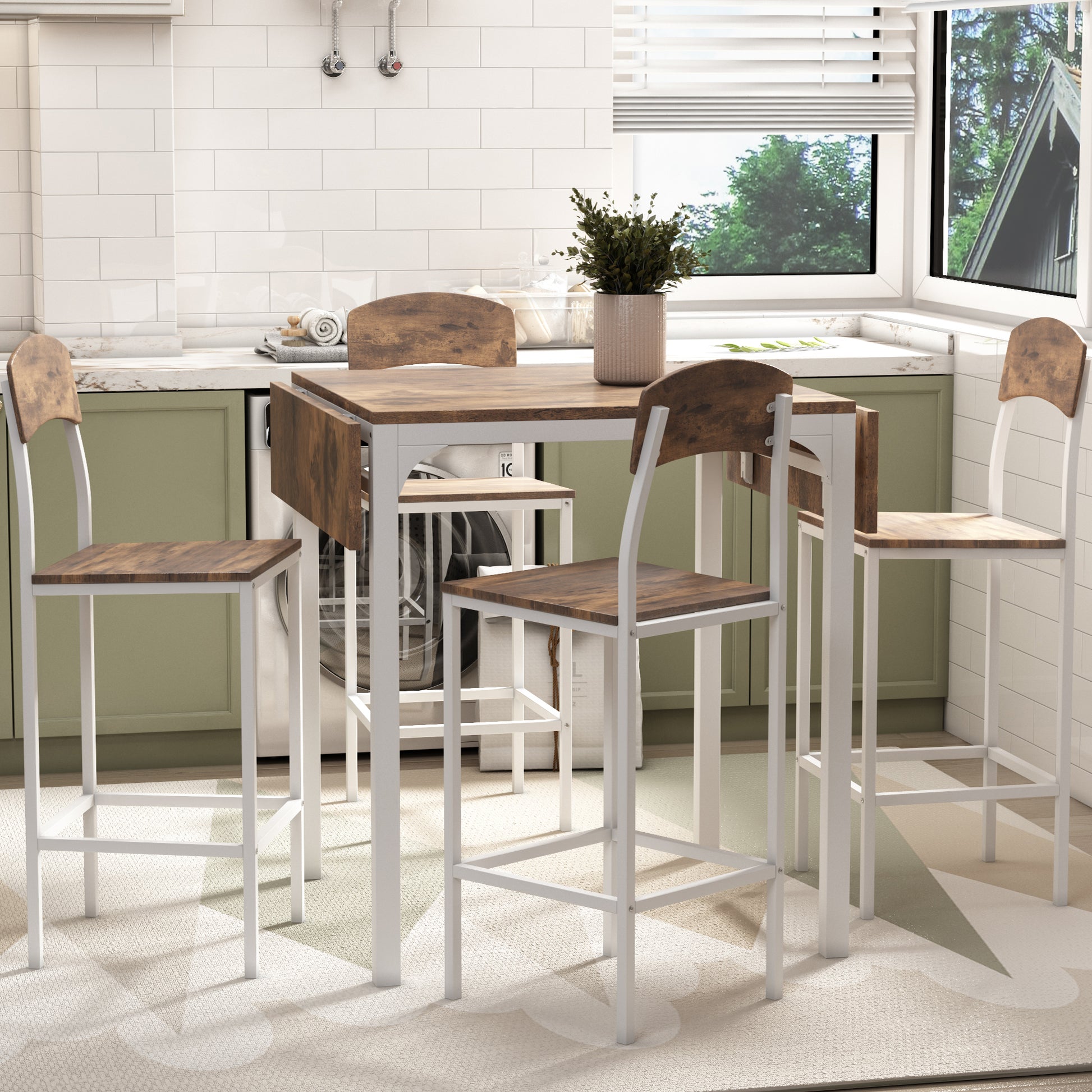 Farmhouse 5 Piece Counter Height Drop Leaf Dining Table Set With Dining Chairs For 4,White Frame Rustic Brown Tabletop Rustic Brown Solid Back Seats 4 Metal Dining Room Drop Leaf Folding Farmhouse 4 Leg Rectangular Dining Table With Chair Metal