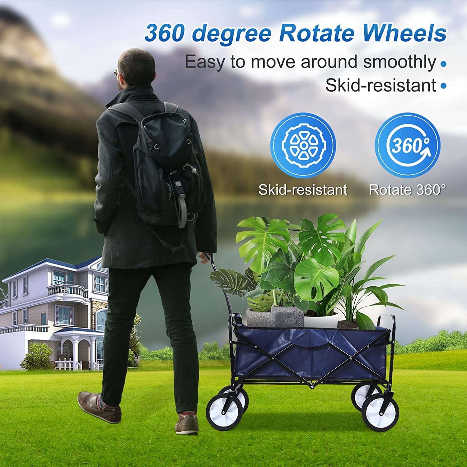 YSSOA Rolling Collapsible Garden Cart Camping Wagon blue-steel
