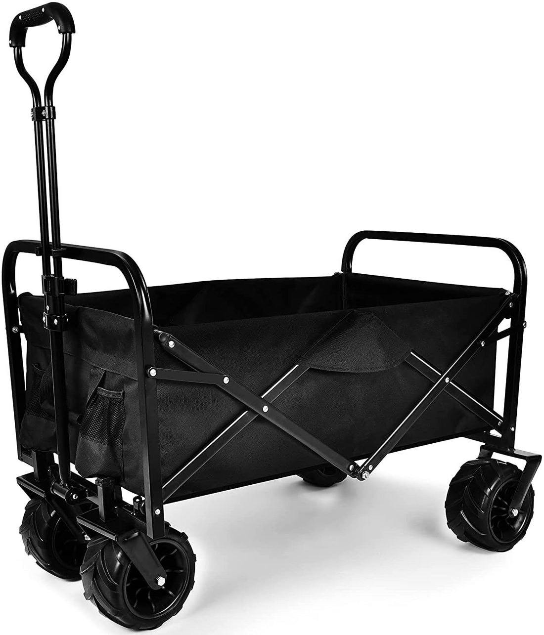 Yssoa Heavy Duty Folding Portable Cart Wagon With 7'' Widened All Terrain Wheels Prevent To Sinking In The Sand, Adjustable Handles And Double Fabric For Shopping, Park, Beach, Camping, Black Black Steel